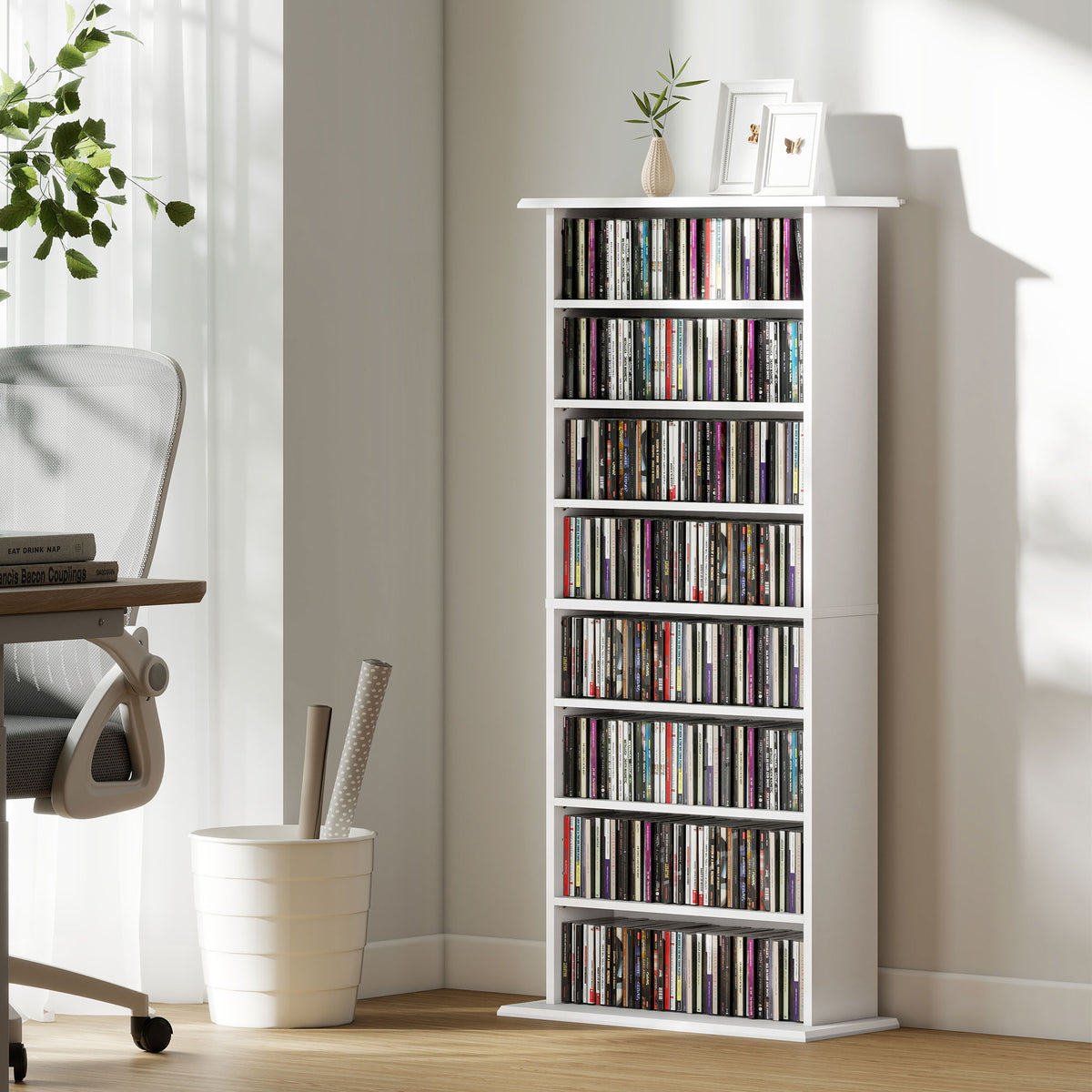 Rangements pour CD et DVD avec 8 compartiments et 6 étagères réglables, capacité max. 360 CD/185 DVD et Blu-ray, blanc-1
