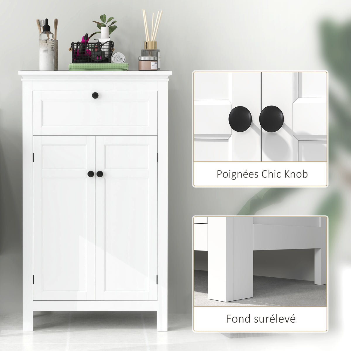 Meuble de salle de bain avec tiroir et étagères réglables, armoire de rangement sur pied, hauteur 102,5 cm, blanc-7