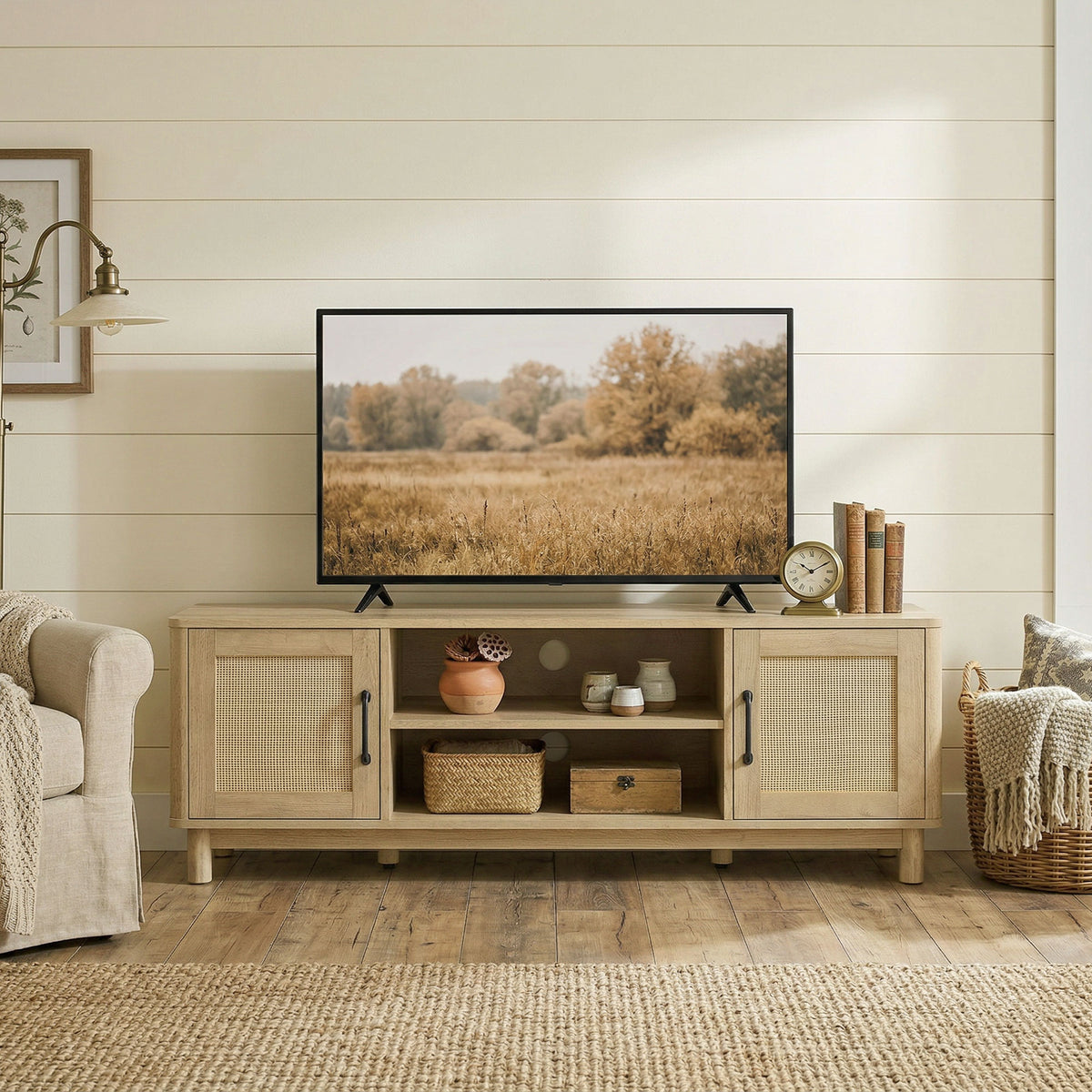 Meuble TV 135 cm, meuble télé pour téléviseur jusqu'à 65 pouces avec 2 portes en rotin, 2 compartiments ouverts, chêne-7