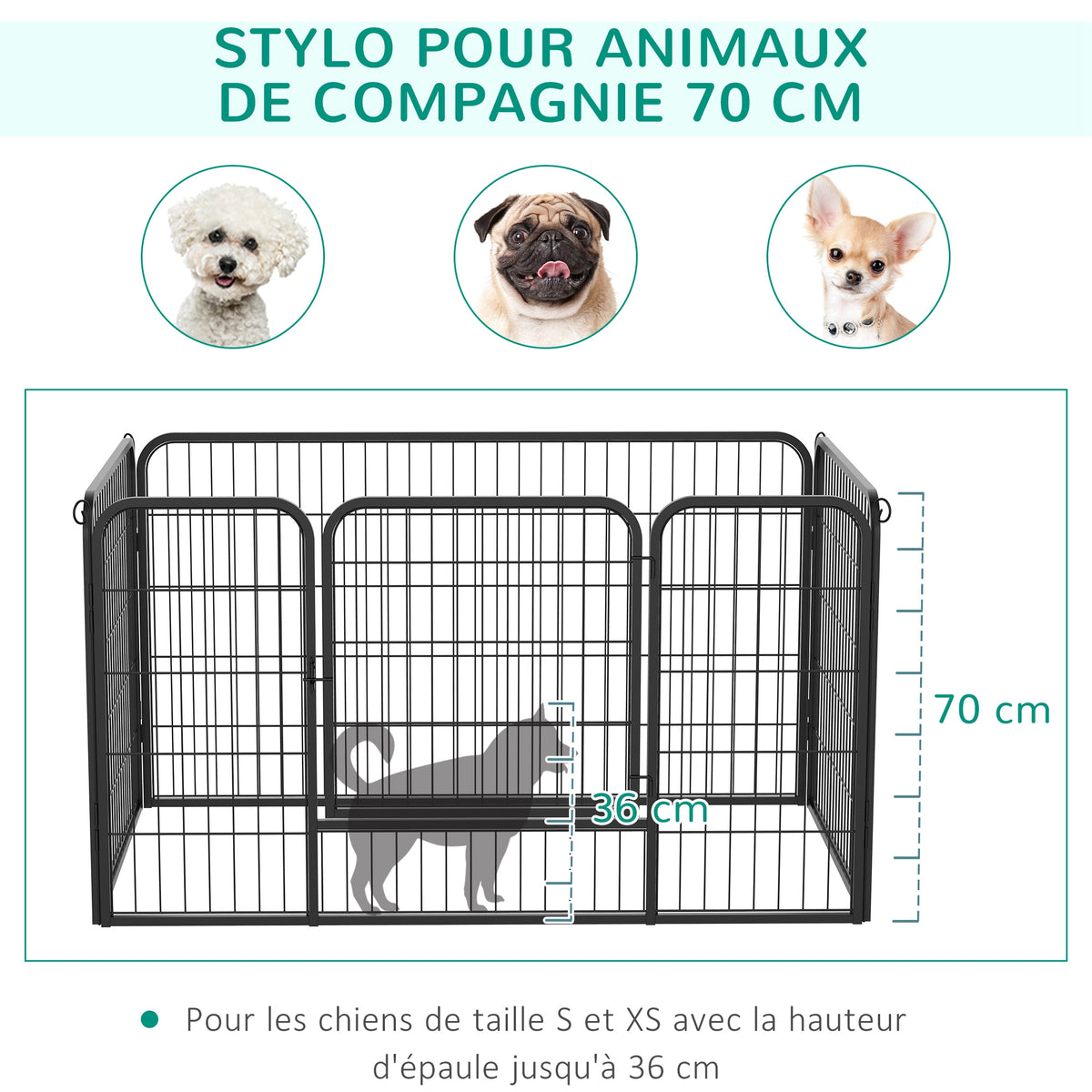Luxe parc enclos modulable acier 4 panneaux et 1 porte pour chiens, lapins, rongeurs, petits animaux, intérieur et extérieur 125L x 70H cm noir-4