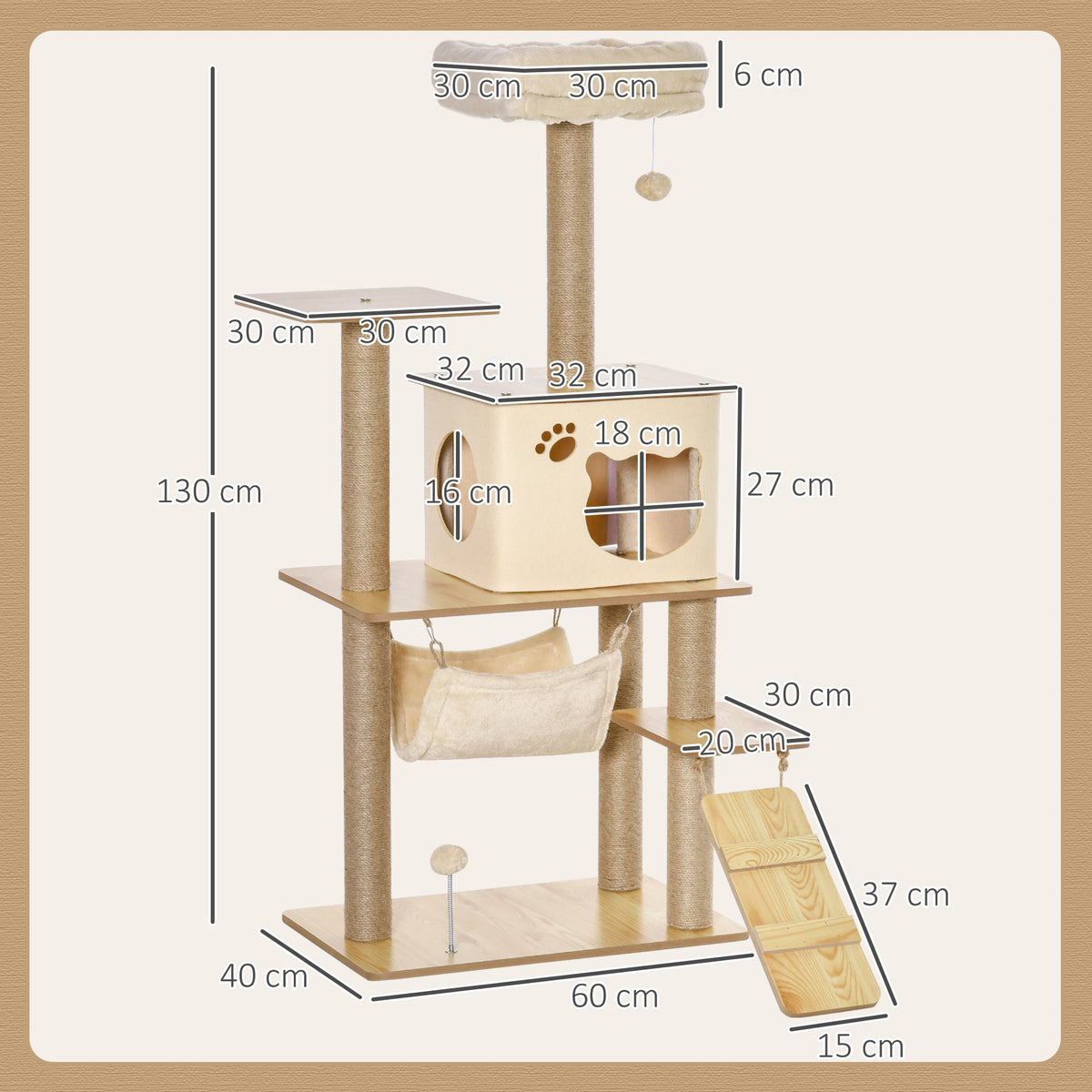 Arbre à chat tour de jeux pour chat, platesformes, niche, lit, hamac, échelle et griffoirs en jute 60x40x130cm jaune-2