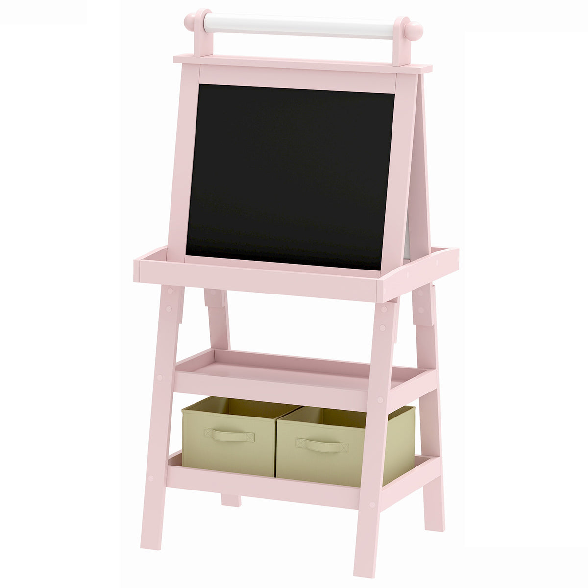 Tableau chevalet enfant 3 en 1 avec tableau blanc magnétique, tableau à craie, rouleau papier, 2 paniers, 3-6 ans, rose-0