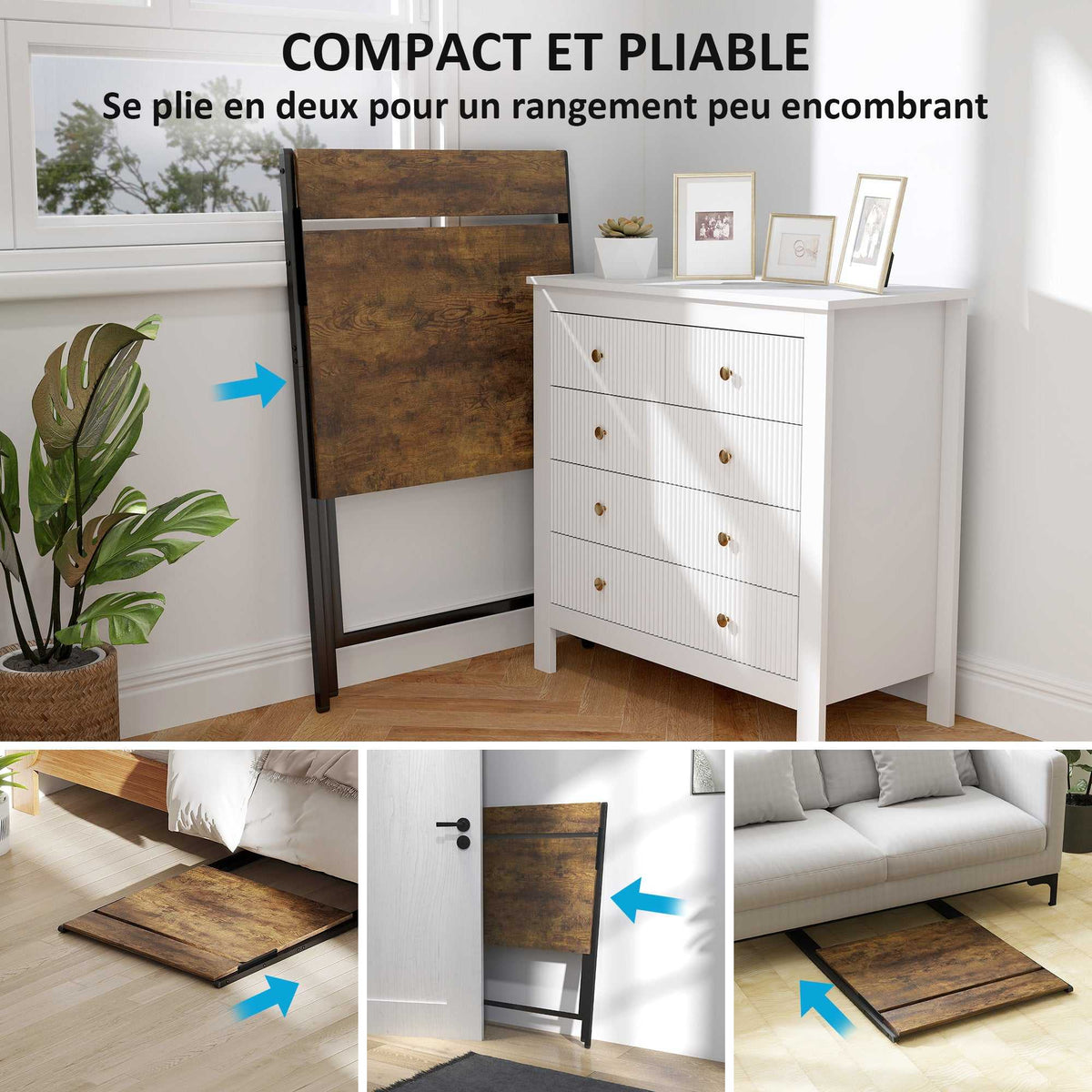 Bureau pliable 65,5 x 45 cm avec étagère de rangement pour chambre, petits espaces, brun rustique-3