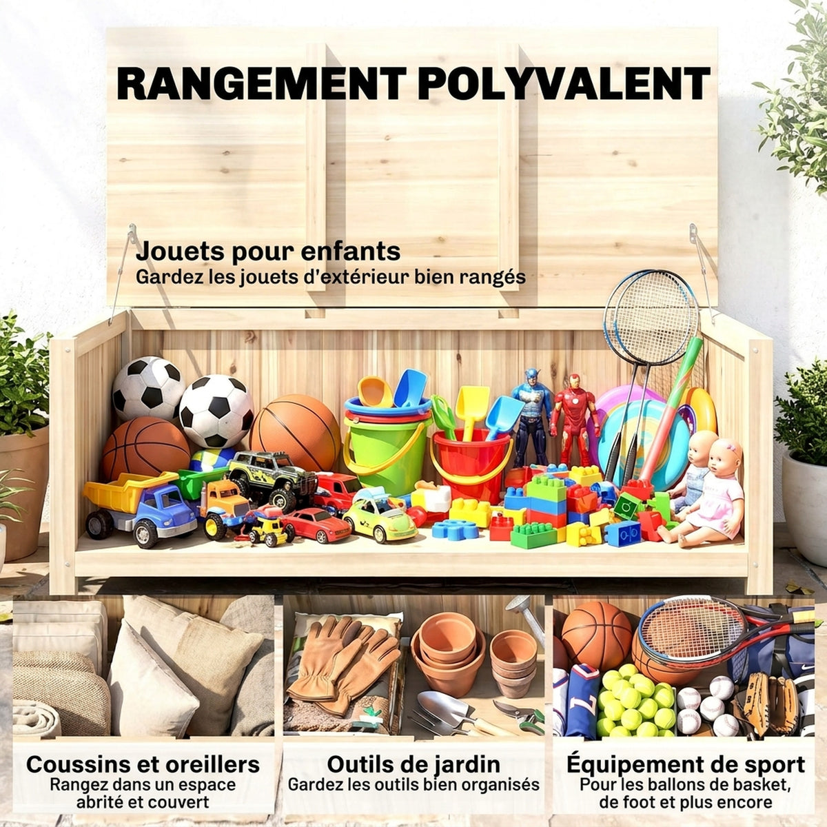 Coffre de rangement jardin en bois 172L avec vérins, pour l'extérieur - 120L x 55l x 45H cm-6