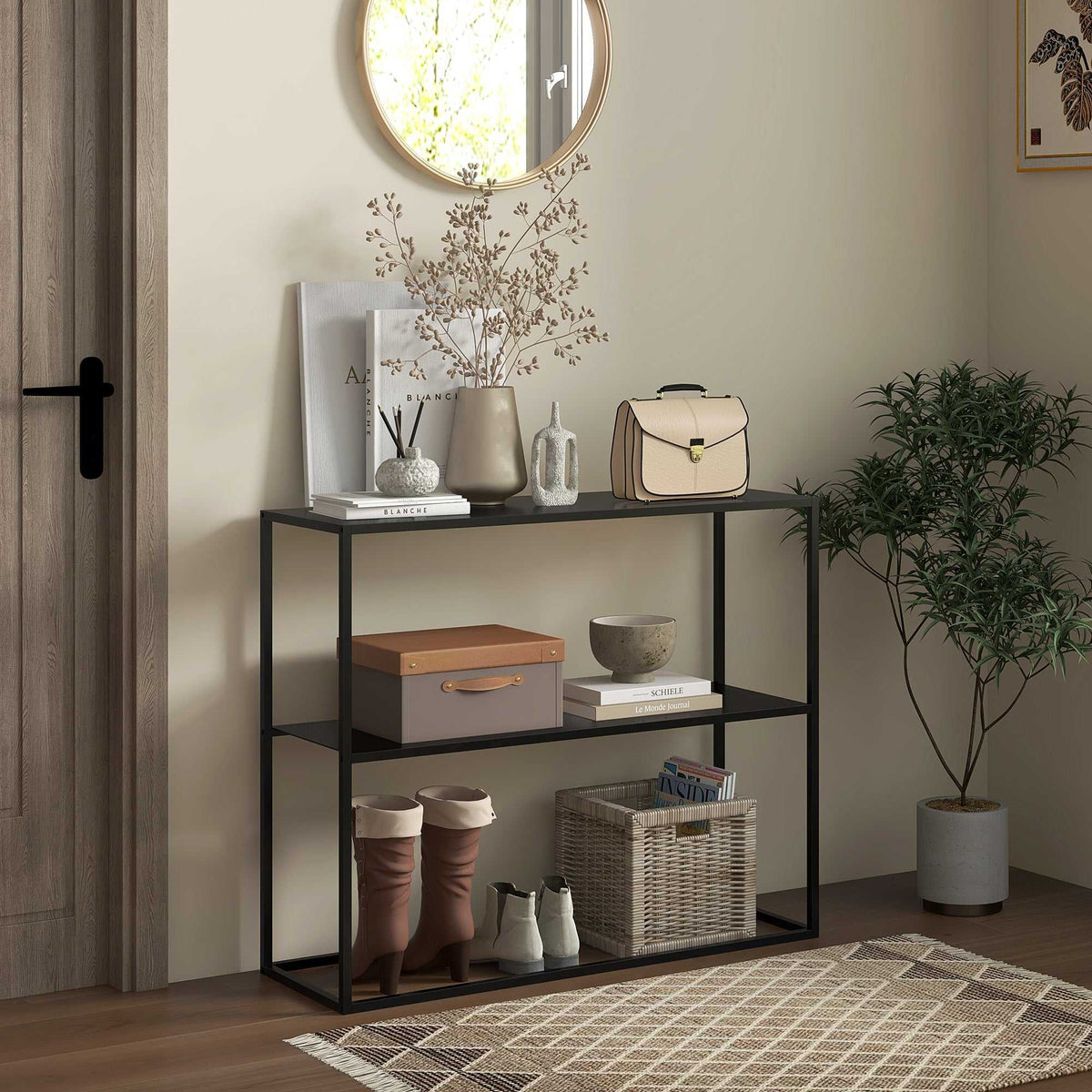 Table console table d'appoint d'entrée minimaliste industrielle 2 étagères 90 x 30 x 75 cm acier noir-1