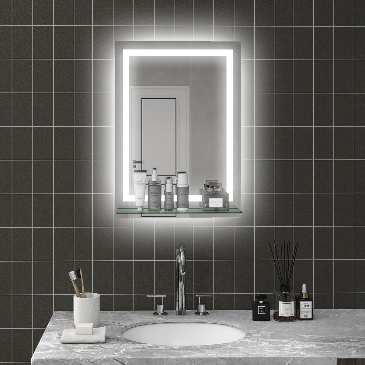 Miroir lumineux LED mural de salle de bain avec étagère intégrée 3 couleurs luminosité réglable interrupteur tactile-6