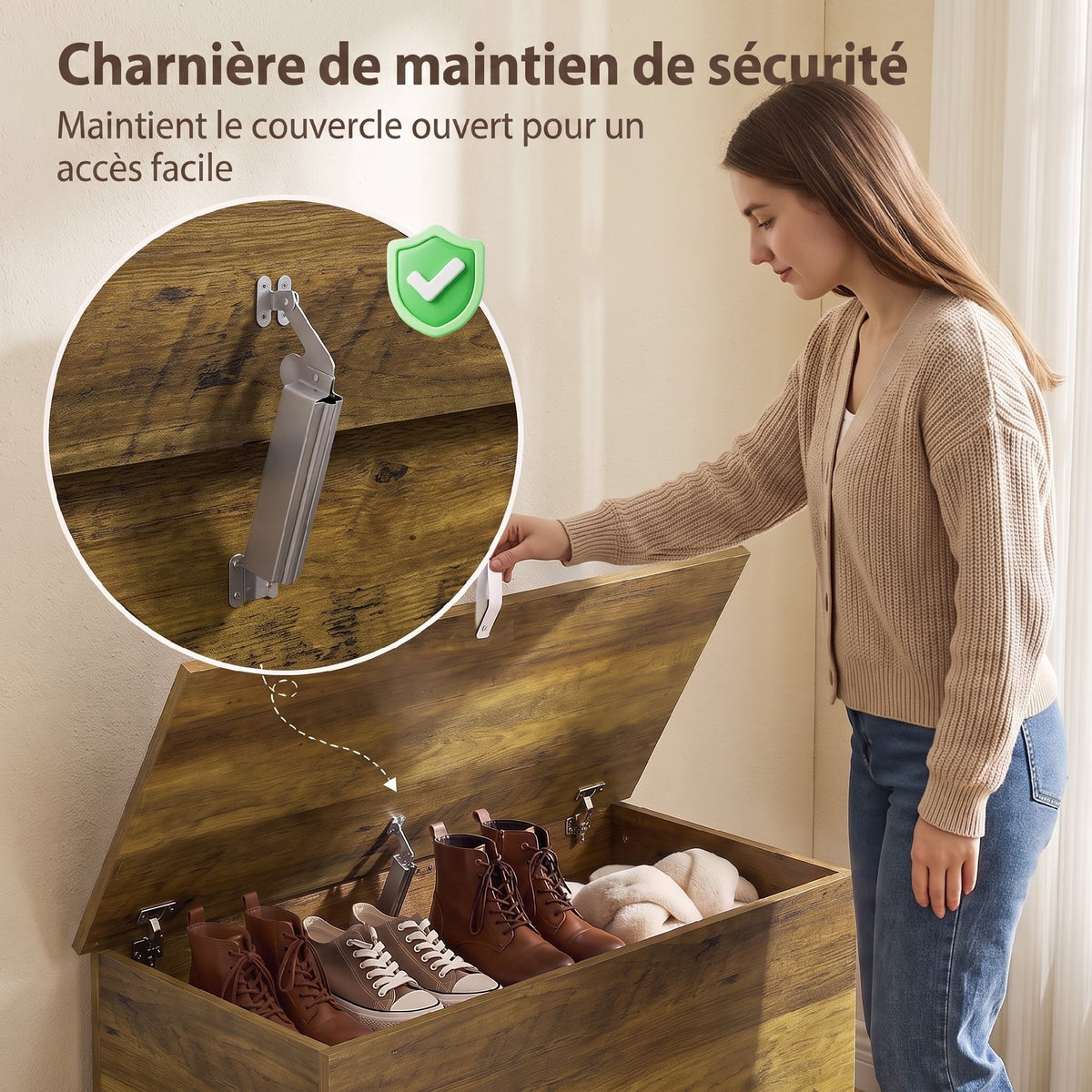 Coffre de Rangement, Banc de Rangement avec Couvercle Rabattable et Charnières de Sécurité, 80 x 40 x 45 cm, Marron-4
