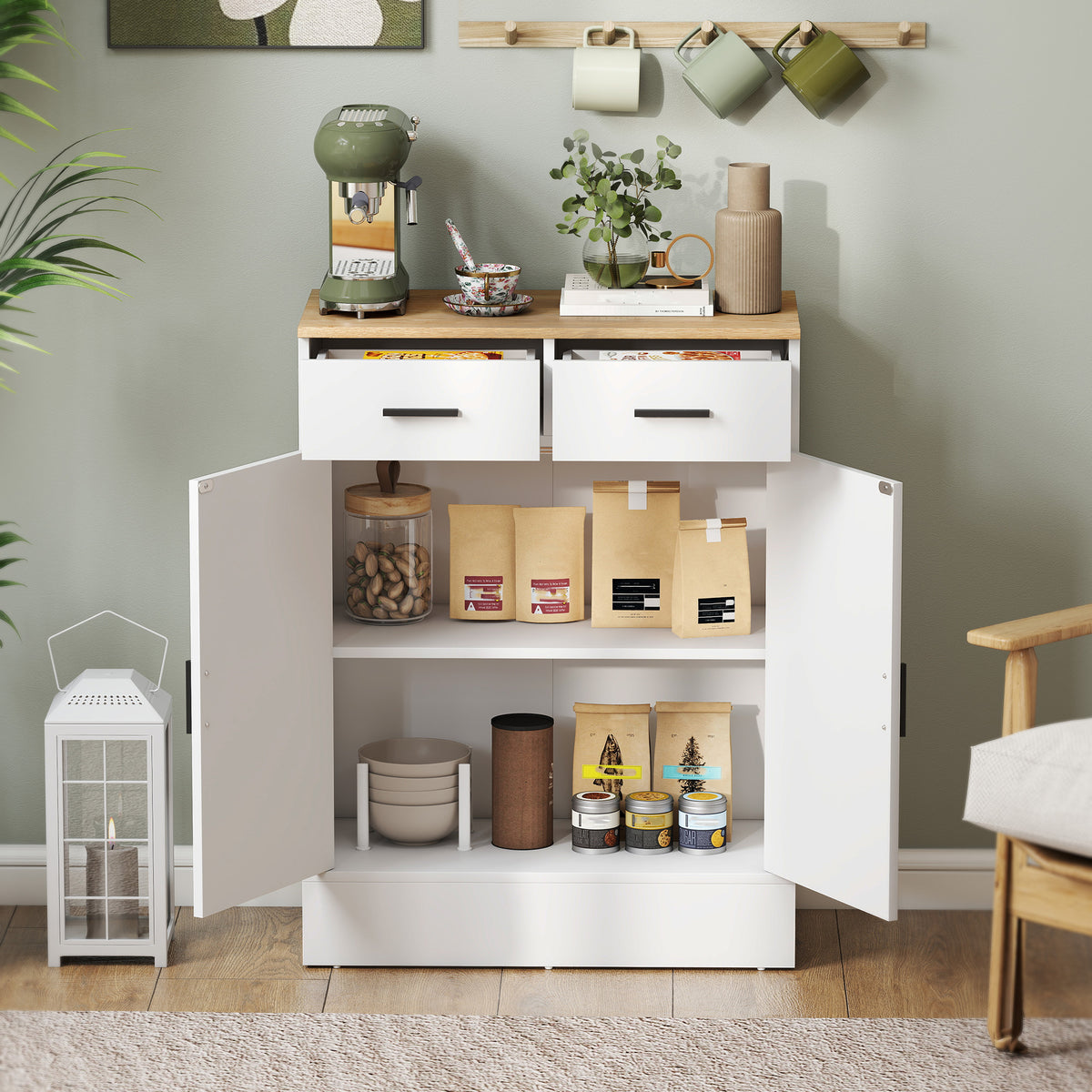 Buffet, meuble de rangement avec 2 portes, 2 tiroirs et étagère réglable, 68,6 x 35 x 90,3 cm, bois naturel et blanc-6