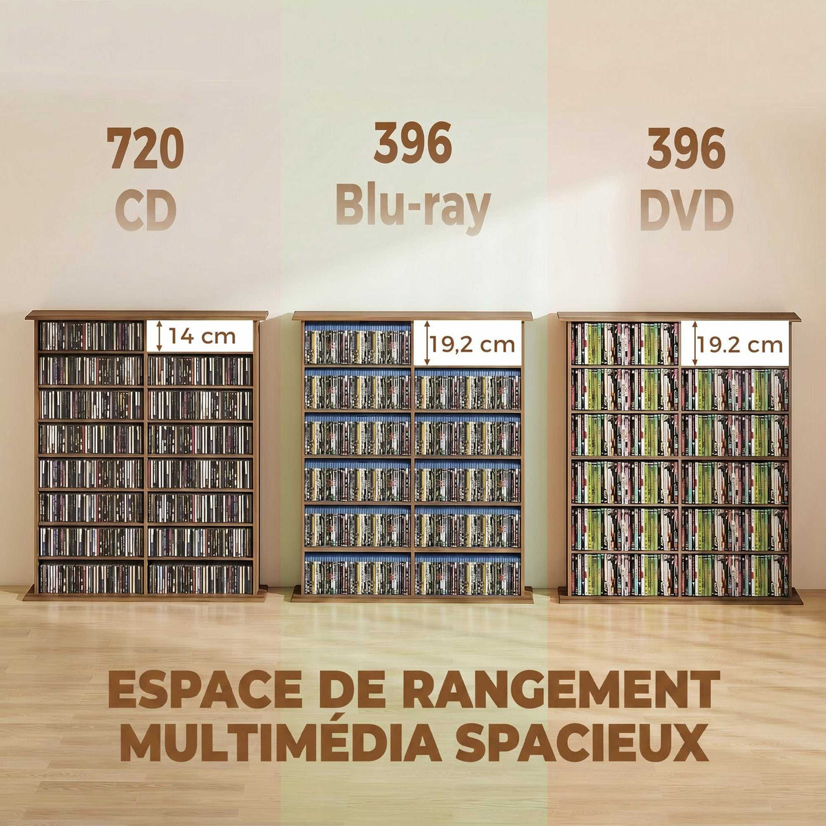 Rangements pour CD et DVD avec 16 compartiments et 12 étagères réglables capacité max. 720 CD/396 DVD et Blu-ray noyer-3