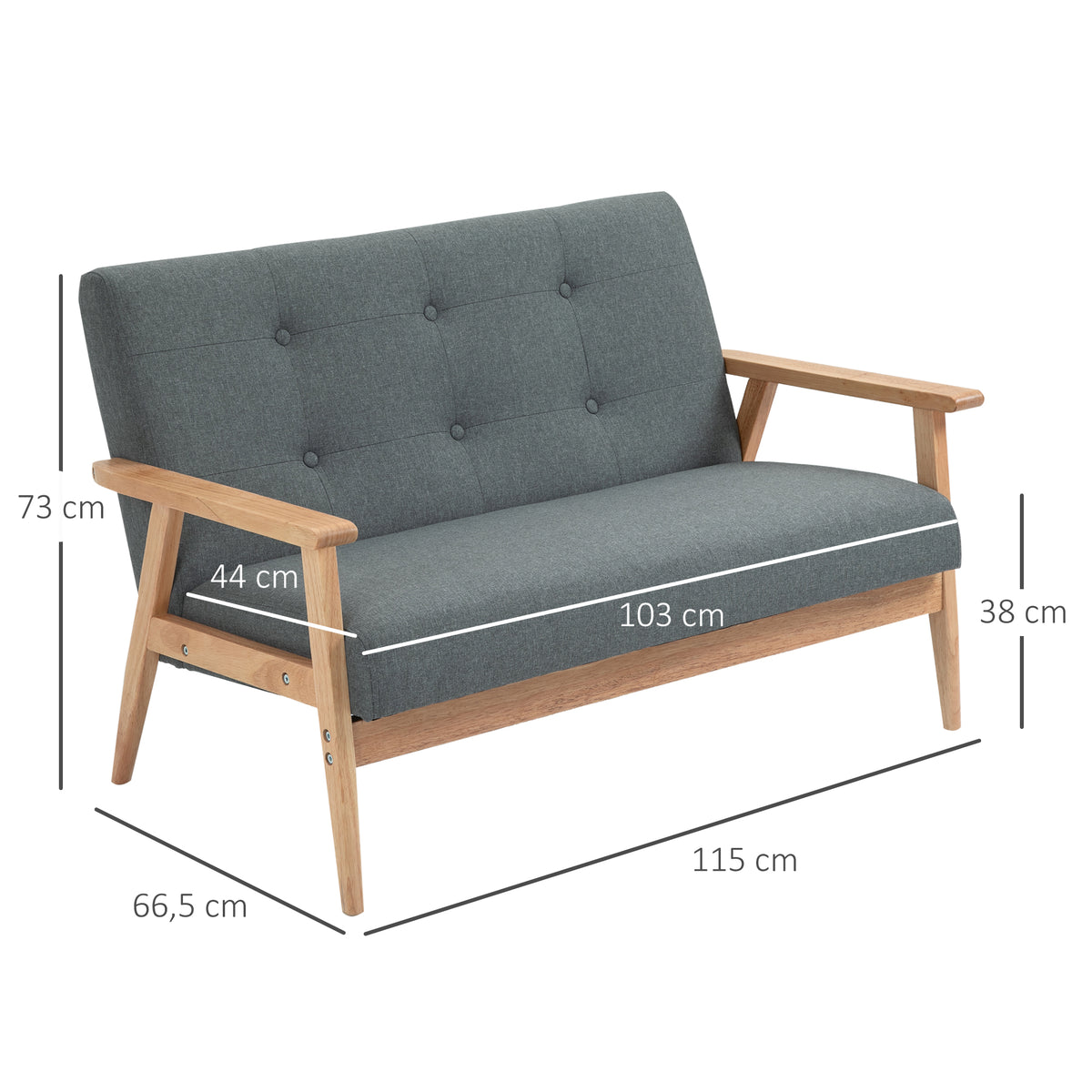 Canapé 2 places style scandinave avec accoudoirs, pieds en bois, 115l x 66,5P x 73H cm, gris-2