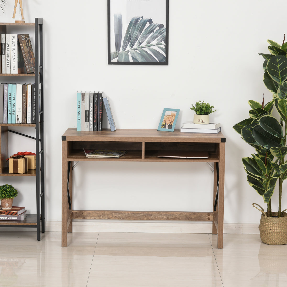 Bureau Design Industriel Grand Plateau 2 niches métal Noir Panneaux Particules Imitation Bois veinage Marron-9