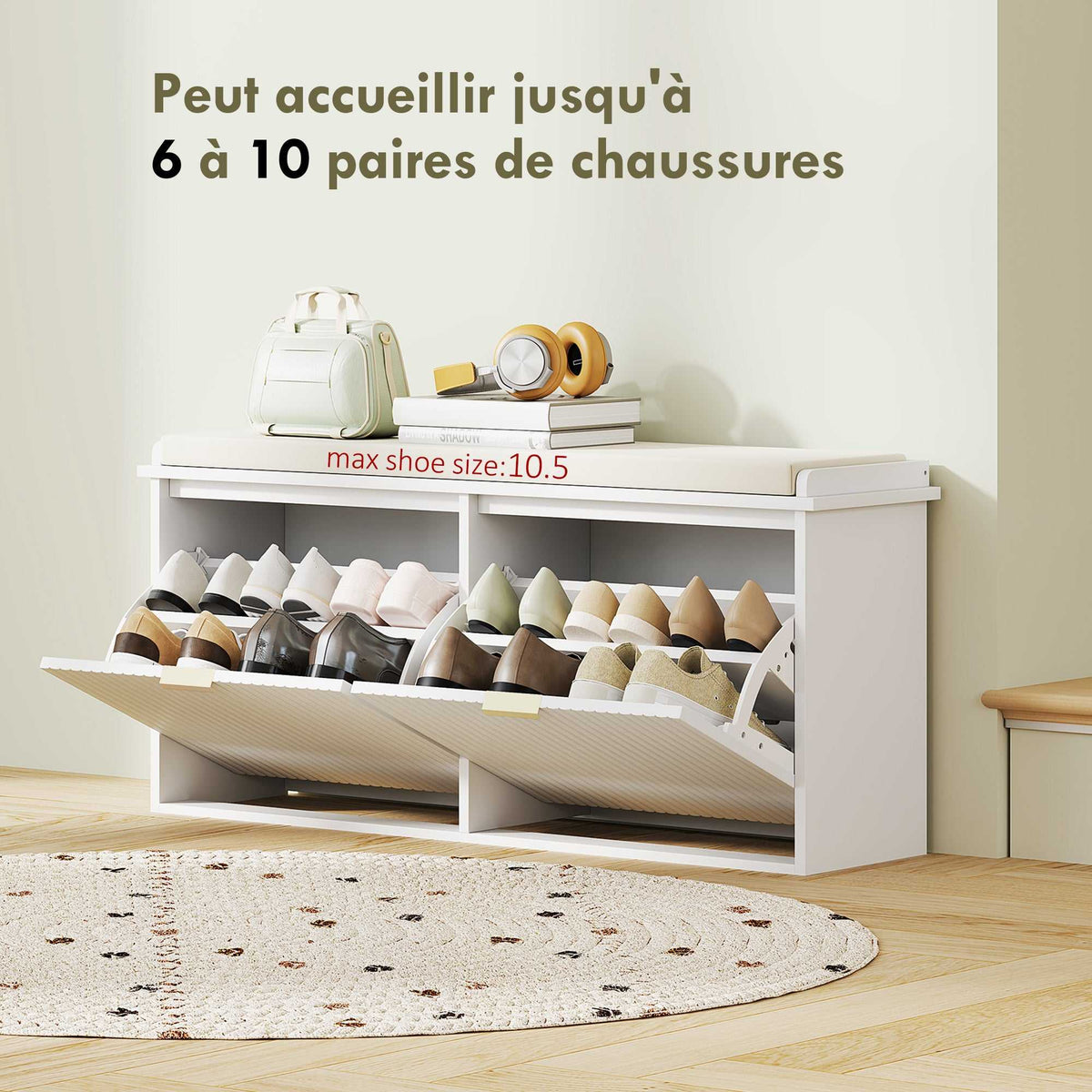 Banc à chaussures avec coussin d'assise rembourré et tiroir rabattable pour couloir, chambre, 104 x 26 x 47,5 cm, blanc-4