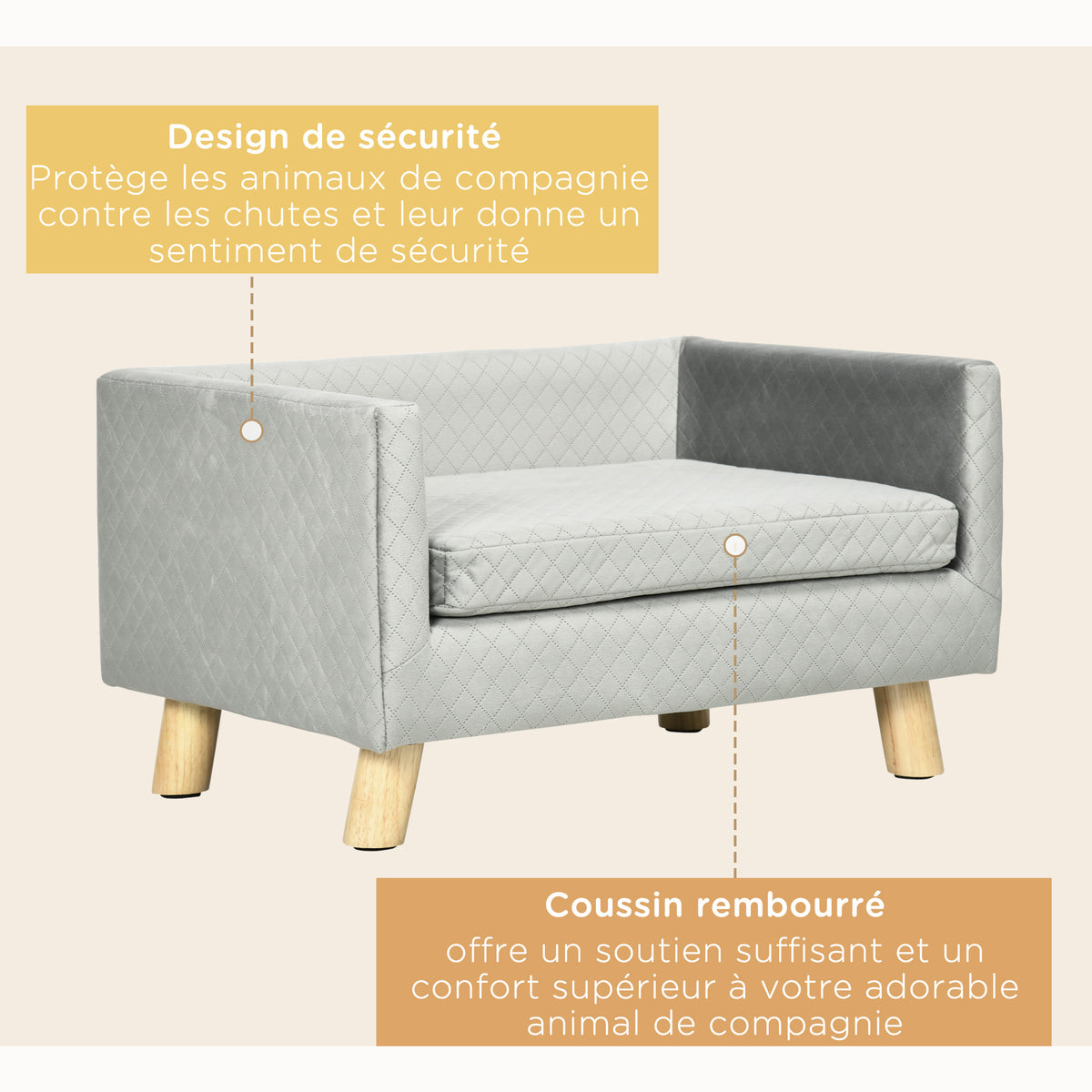 Canapé chien lit pour chien design scandinave coussin moelleux pieds bois massif dim. 64 x 45 x 36 cm velours gris-5