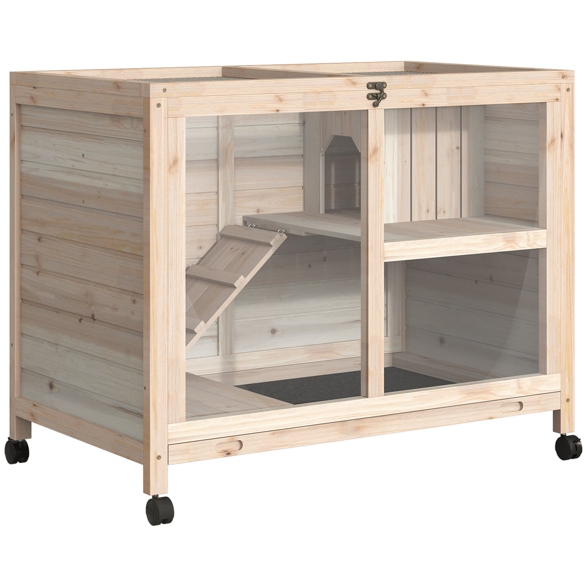 Cage à lapin clapier sur roulettes petit enclos animaux en bois massif 2 étages toit ouvrant plates-formes 91,5 x 53,3 x 73 cm bois naturel-0