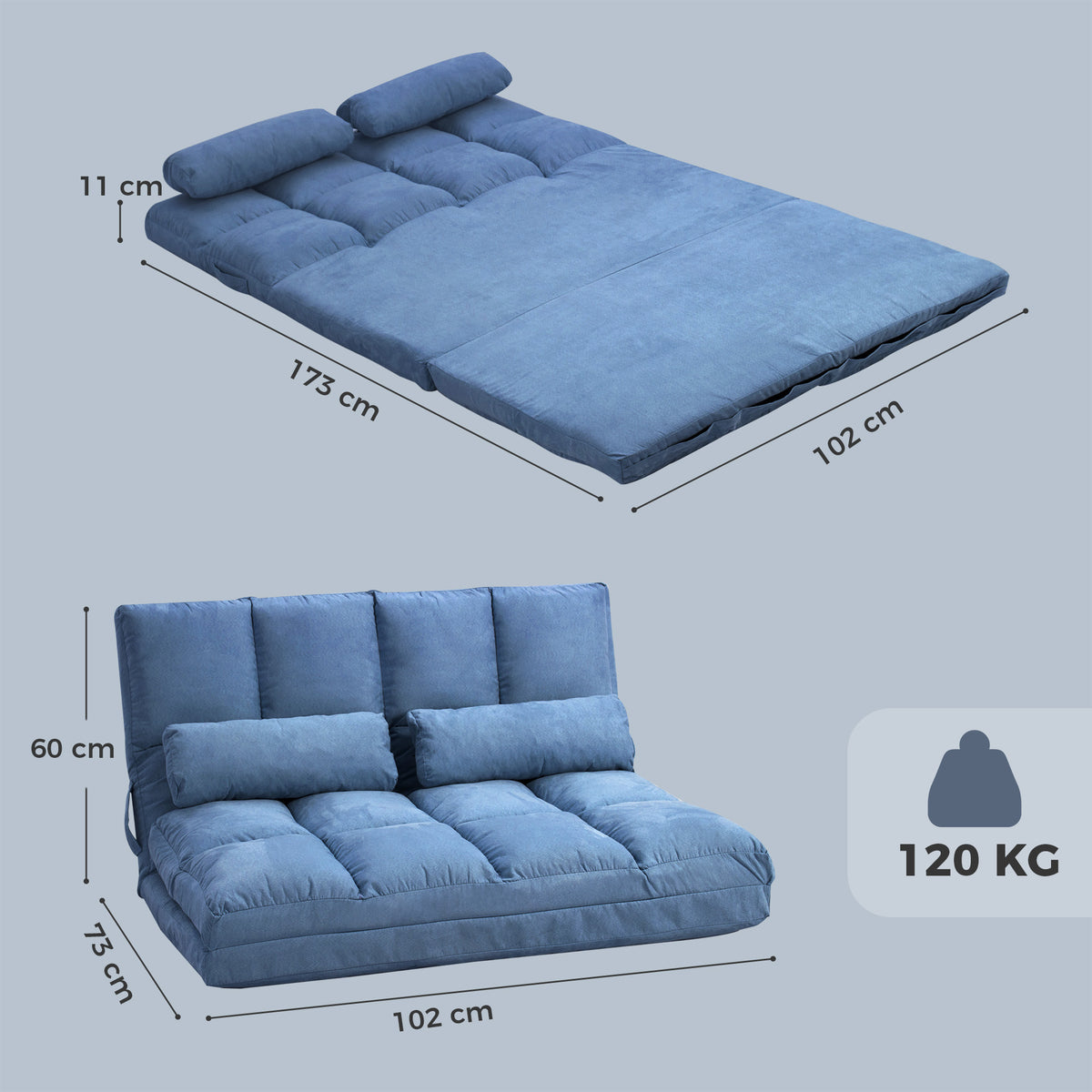 Chauffeuse matelas d'appoint pliant convertible - inclinaison dossier réglable 14 positions - 2 coussins inclus, bleu-2