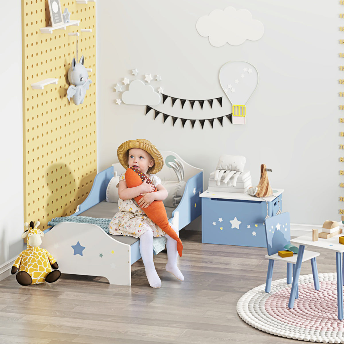 Lit pour enfants de 3 à 6 ans design étoiles sommier à lattes inclus chambre moderne 143 x 74 x 59 cm bleu blanc-1