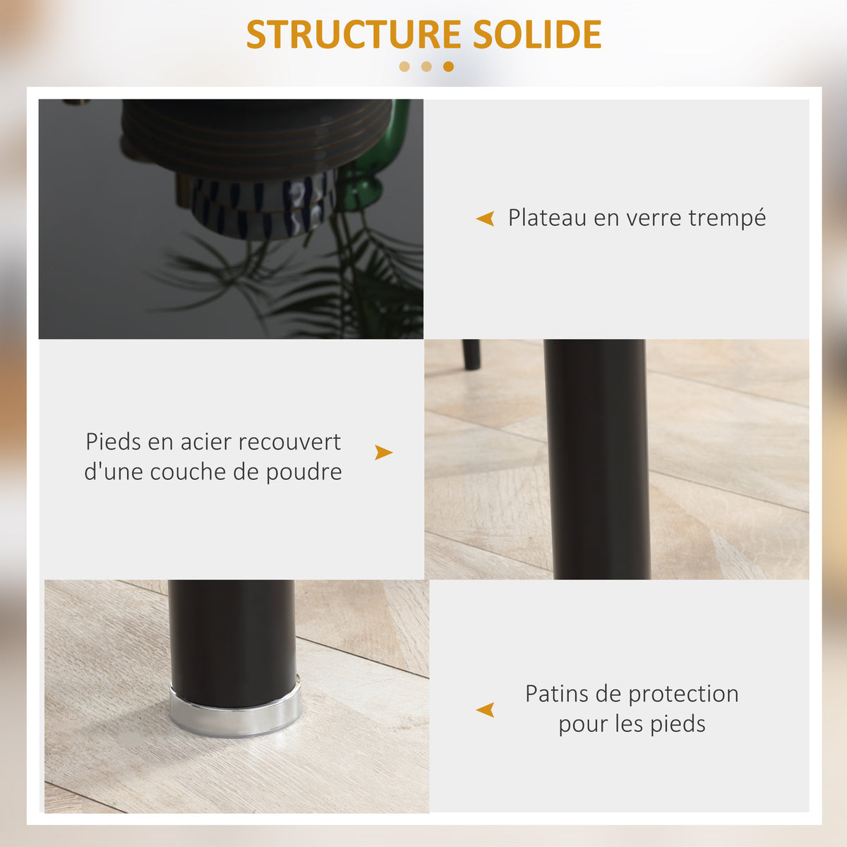 Ensemble de table à manger avec 4 chaises plateau en verre trempé, pieds en acier, pour cuisine salon noir-6