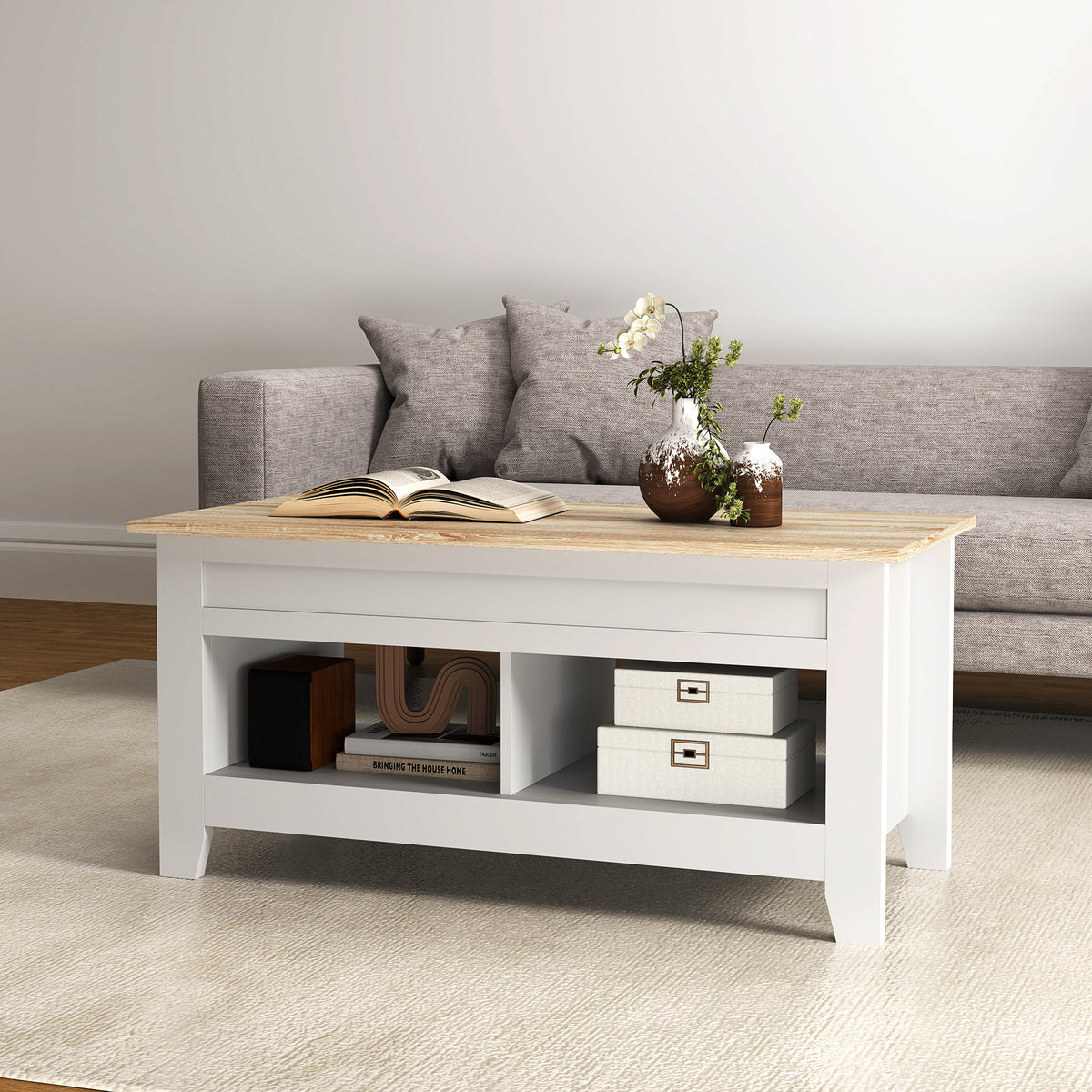 Table basse plateau relevable, table de salon avec étagères et compartiment caché,105 x 50 x 49-62,5 cm blanc-7