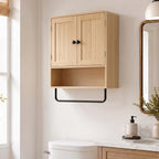 Armoire murale de salle de bain, meuble de rangement suspendu avec 2 portes, étagère ouverte, porte-serviettes, chêne-1