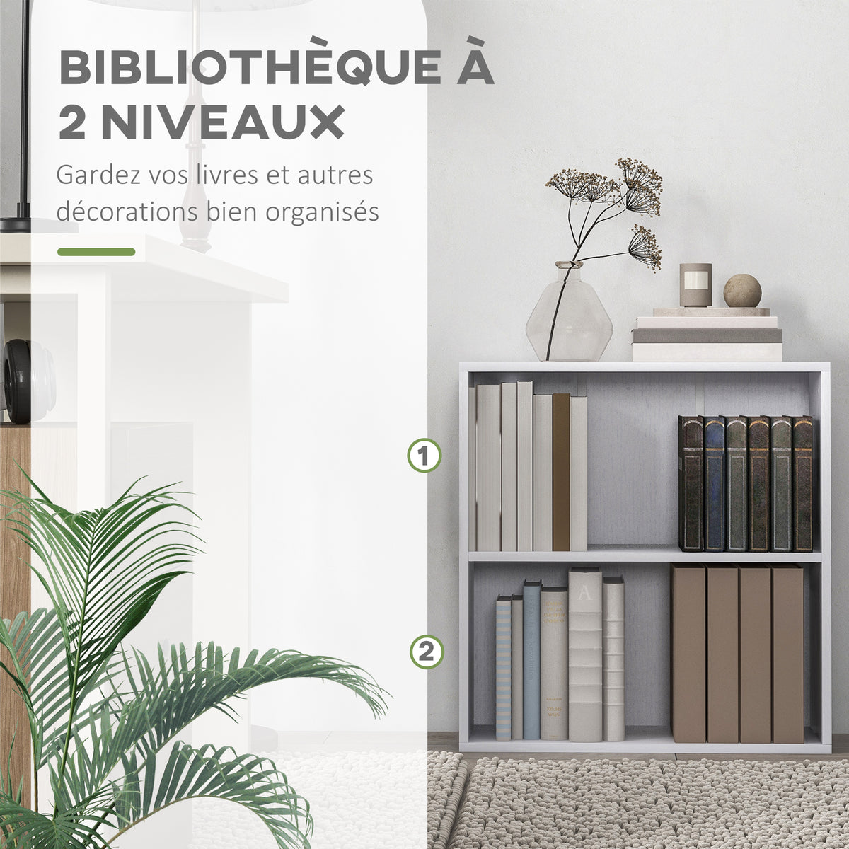 Bibliothèque étagère de rangement avec 2 compartiments et étagère réglable, 60 x 24 x 63 cm, blanc-4