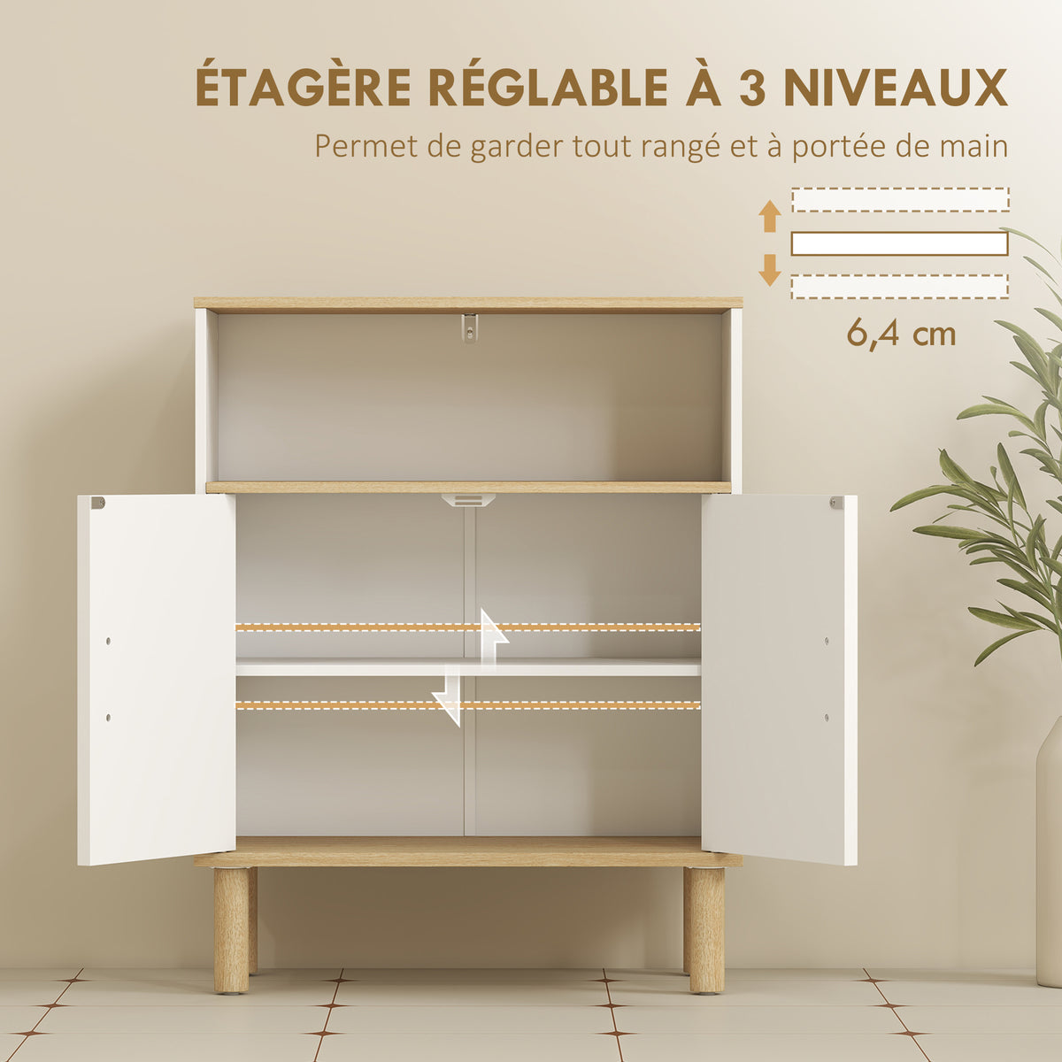 Meuble de salle de bain, meuble de rangement avec 2 portes, compartiment ouvert, étagère réglable, 60x29,5x76,5cm, blanc-4