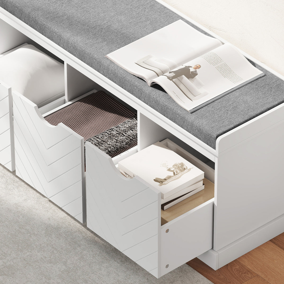 Banc chaussures entrée, banc de rangement avec 3 tiroirs amovibles et coussin rembourré en tissu aspect lin, blanc-8