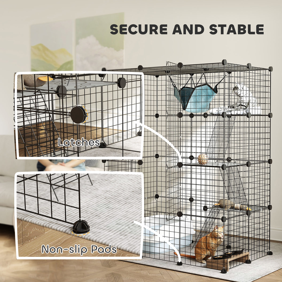 Cage pour chat d'intérieur parc pour chat en acier à 4 niveaux DIY avec 5 portes hamac 1-3 chats 105 x 70 x 140 cm noir-7