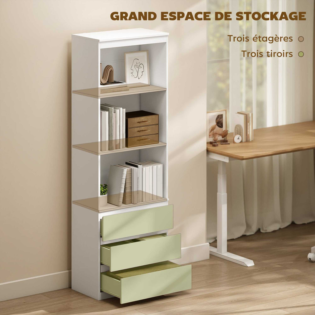 Bibliothèque haute de 180 cm avec 3 étagères et 3 tiroirs 60 x 35 x 180 cm en bois blanc-3