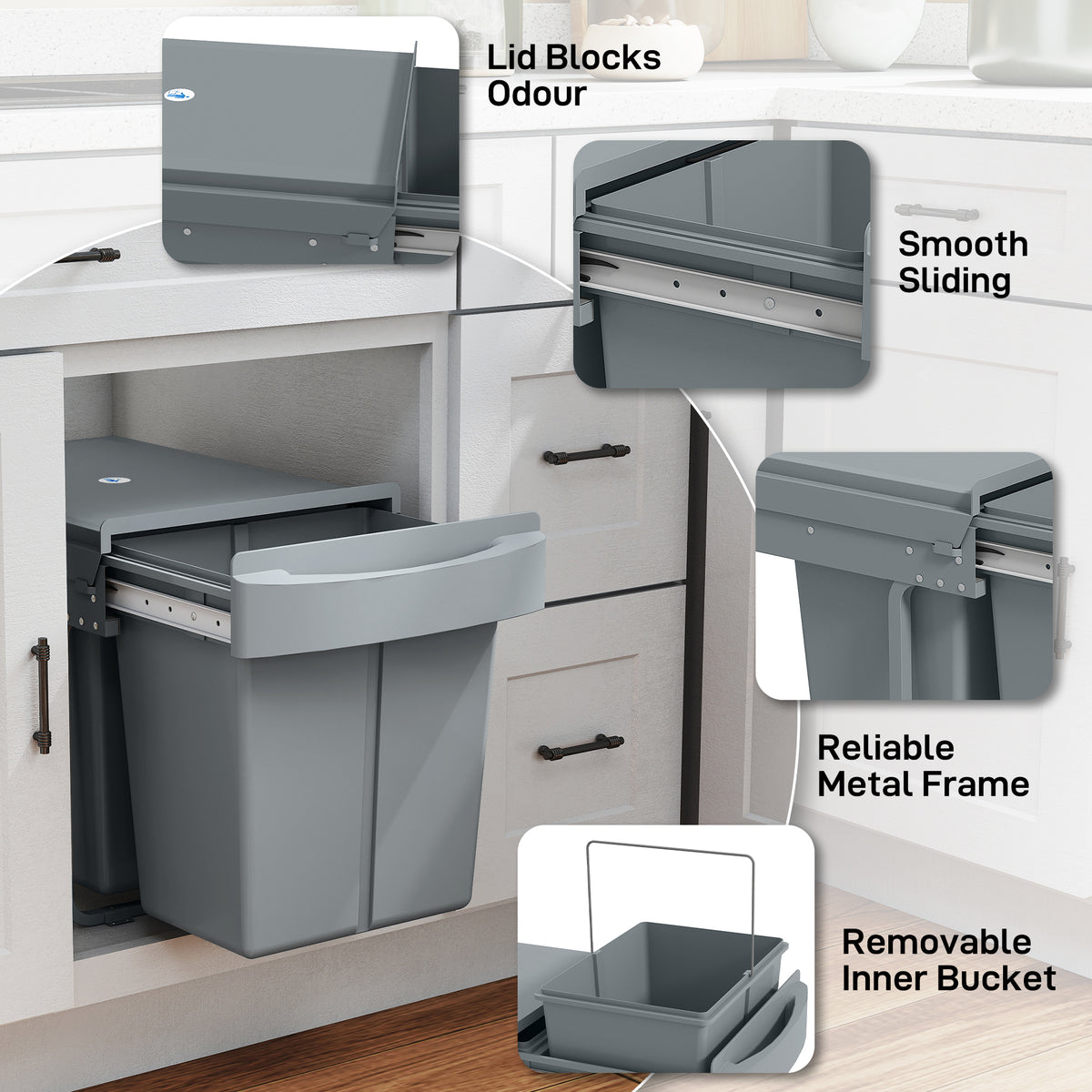 Poubelle cuisine, poubelle sous évier coulissante encastrable avec 2 x 20 L compartiments amovibles, 52x33,5x41cm, gris-7