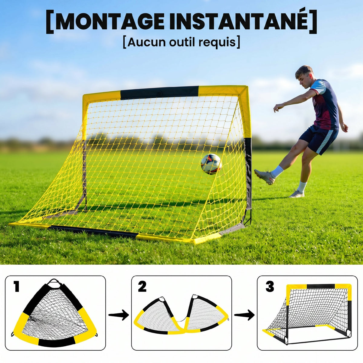 But de football Pop-up Portable et Pliable avec 4 Piquets de Sol et Sac de Transport, Sans Montage, 150x110x110cm, Jaune-3