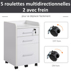 Caisson de bureau rangement bureau sur roulettes 3 tiroirs 1 verrouillable 1 trieur dossiers en bois blanc-5