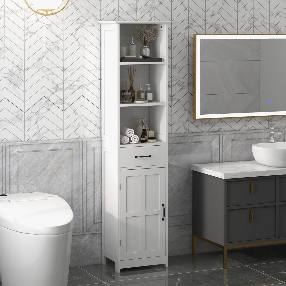 Meuble salle de bain colonne avec 3 compartiments ouverts, tiroir et étagère réglable, 40 x 30 x 164 cm, blanc-1