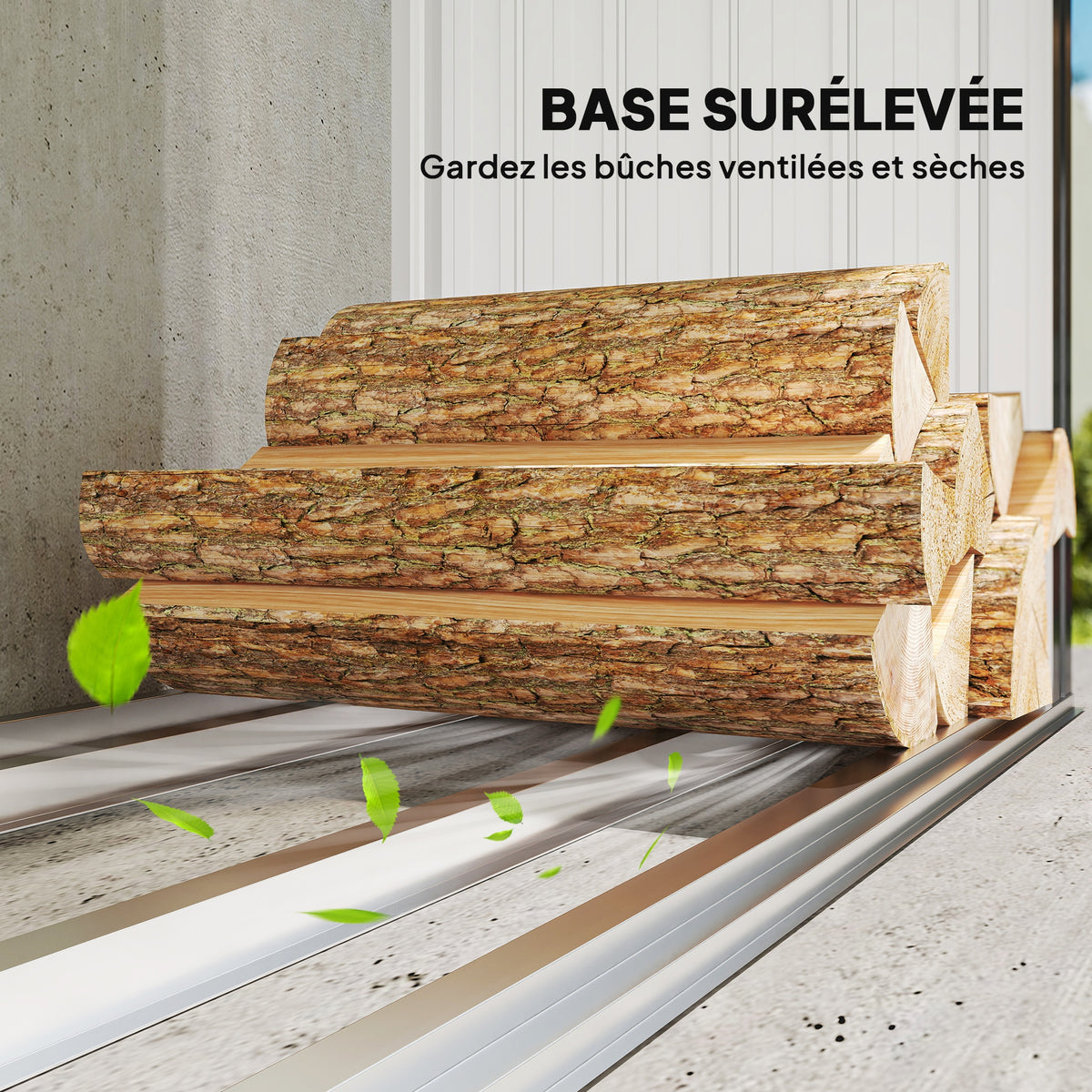 Abri-bûches couvert support pour bois de chauffage plancher surélevé toit incliné, acier galvanisé 150x66,5x150cm gris-4