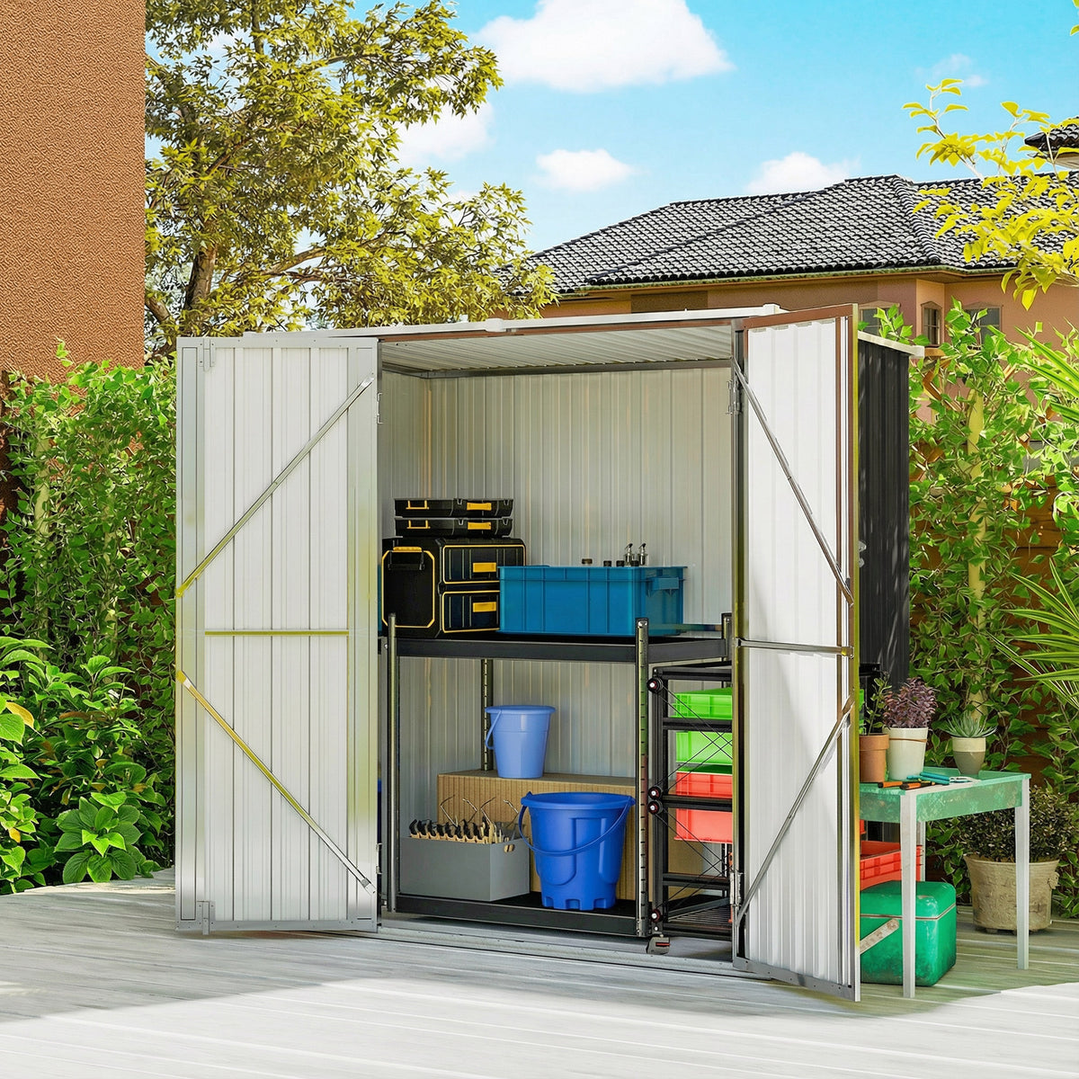 Abri de Jardin en Métal 1,37m², Toit Incliné, 2 Portes Verrouillables, Gants, Anti-UV, 163x89x163cm, Gris Foncé-8
