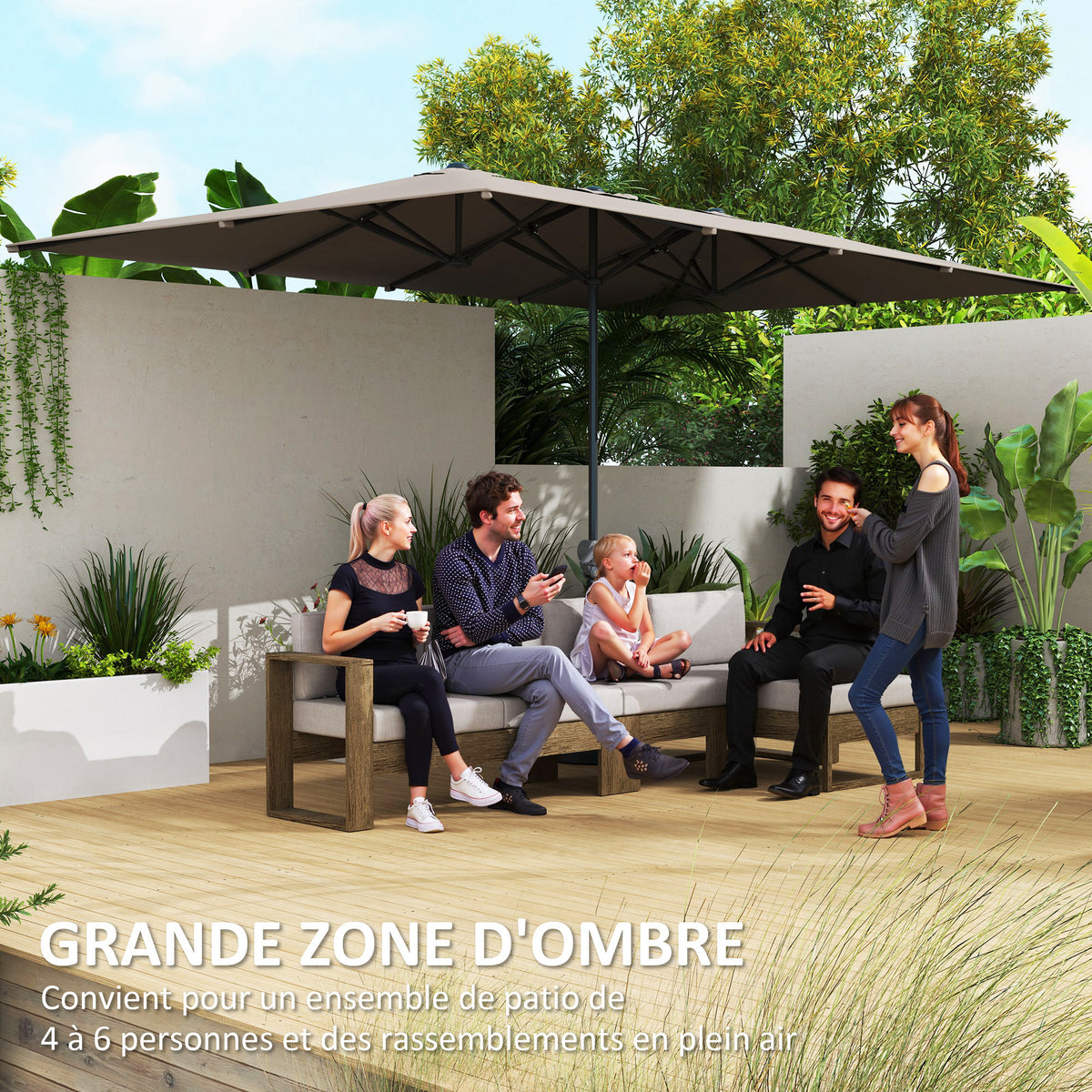 Parasol de jardin extérieur, parasol double rectangulaire 451 x 264 cm avec manivelle toile polyester 200g/m² gris foncé-3