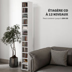 Rangements pour CD et DVD avec 12 compartiments, capacité max. 204 CD, 21 x 20 x 175 cm, blanc-3
