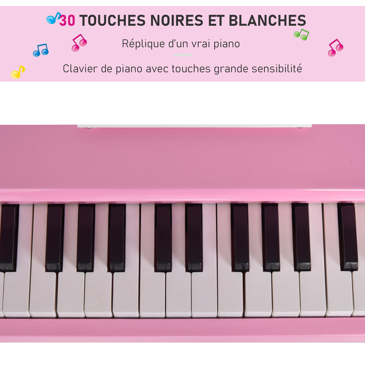 Piano à queue enfant en bois Piano enfant clavier de piano 30 touches - tabouret et pupitre inlus - Instrument de Musique - MDF rose-4