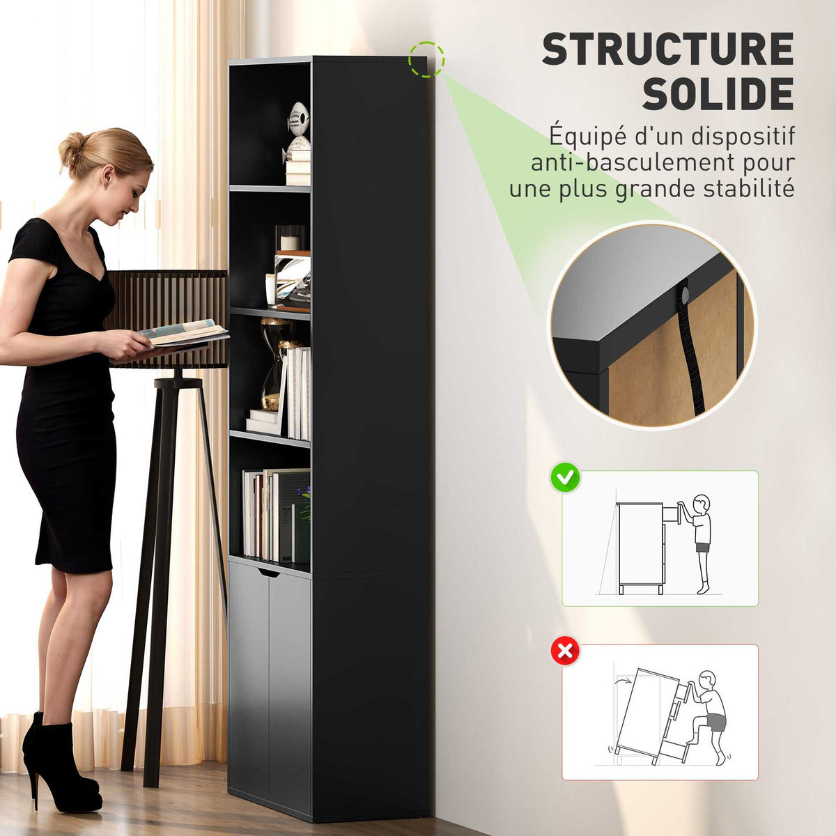 Bibliothèque Armoire à livres avec 4 compartiments ouverts et 2 portes pour le salon et le bureau 59x29x180 cm Noir-4