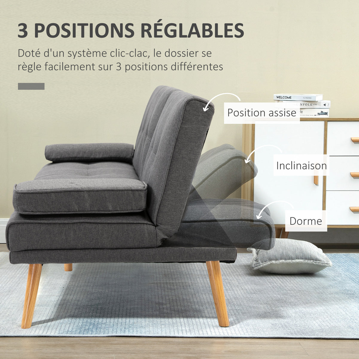 Canapé convertible 3 places, canapé-lit rembourré avec dossier réglable 3 niveaux, 2 coussins et 2 porte-gobelets intégrés, tissu de lin, pour salon, chambre d'amis, petit espace, gris foncé-4