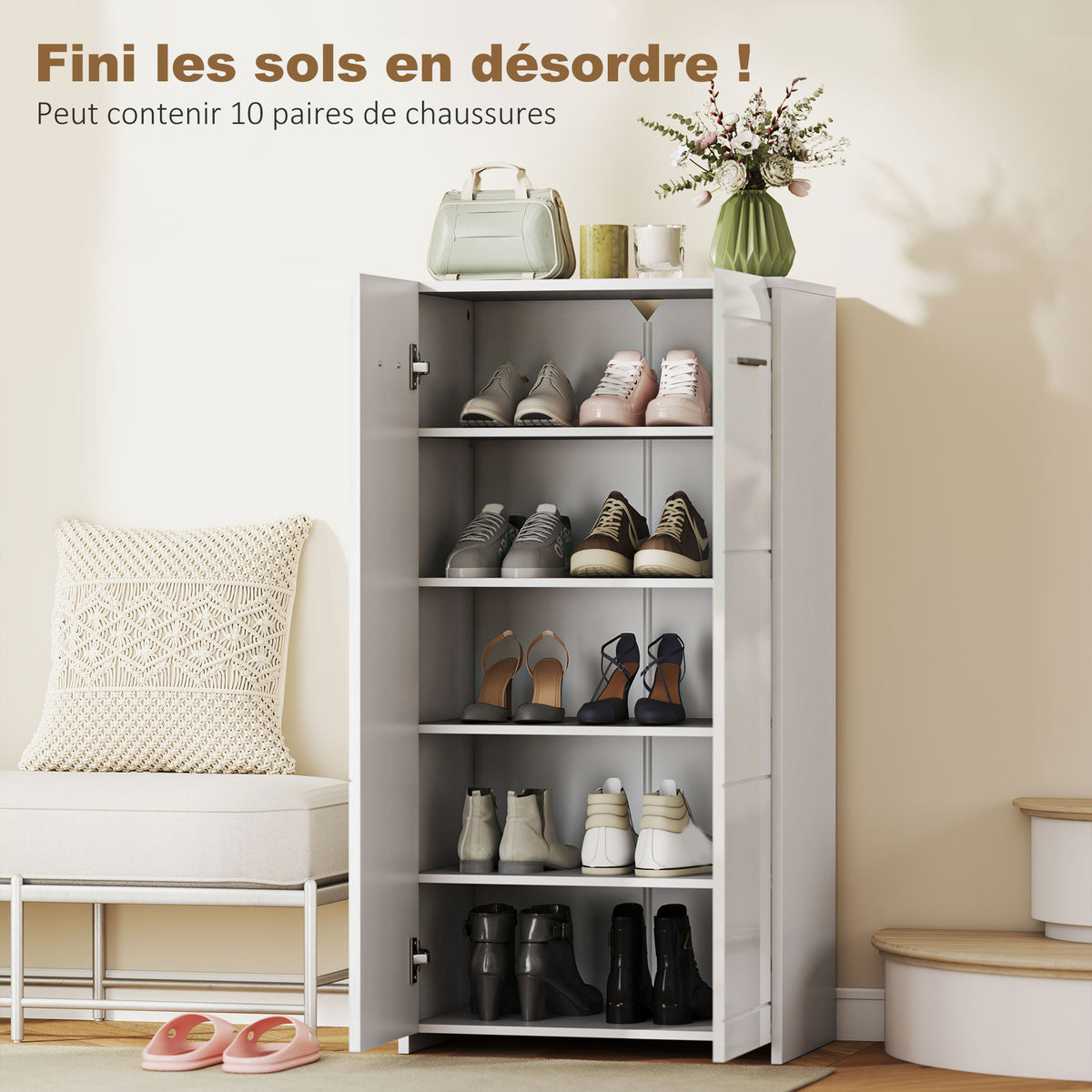 Meuble à chaussures 10 paires, armoire à chaussures à haute brillance 5 niveaux, étagères réglables, 55x36x108cm, blanc-3
