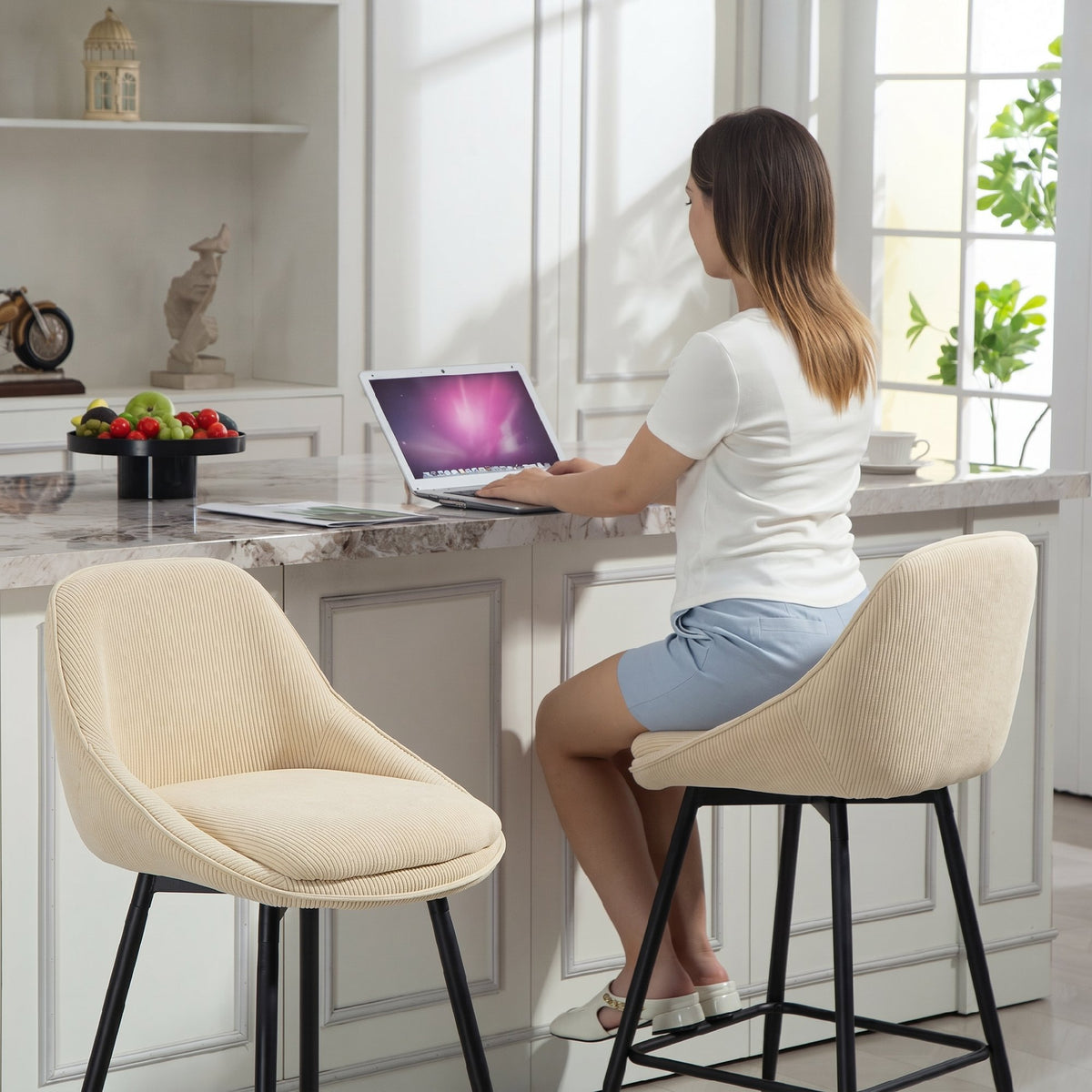 Lot de 2 tabourets de bar en tissu velours côtelé, chaises de bar avec dossier courbé, repose-pieds, 49x52x88cm, beige-8