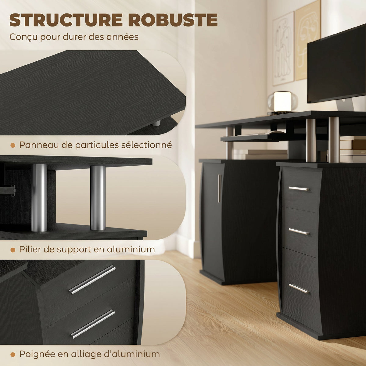 Bureau d'ordinateur, bureau informatique 120 x 55 cm avec plateau pour clavier, 3 tiroirs, pour chambre, domicile, noir-4