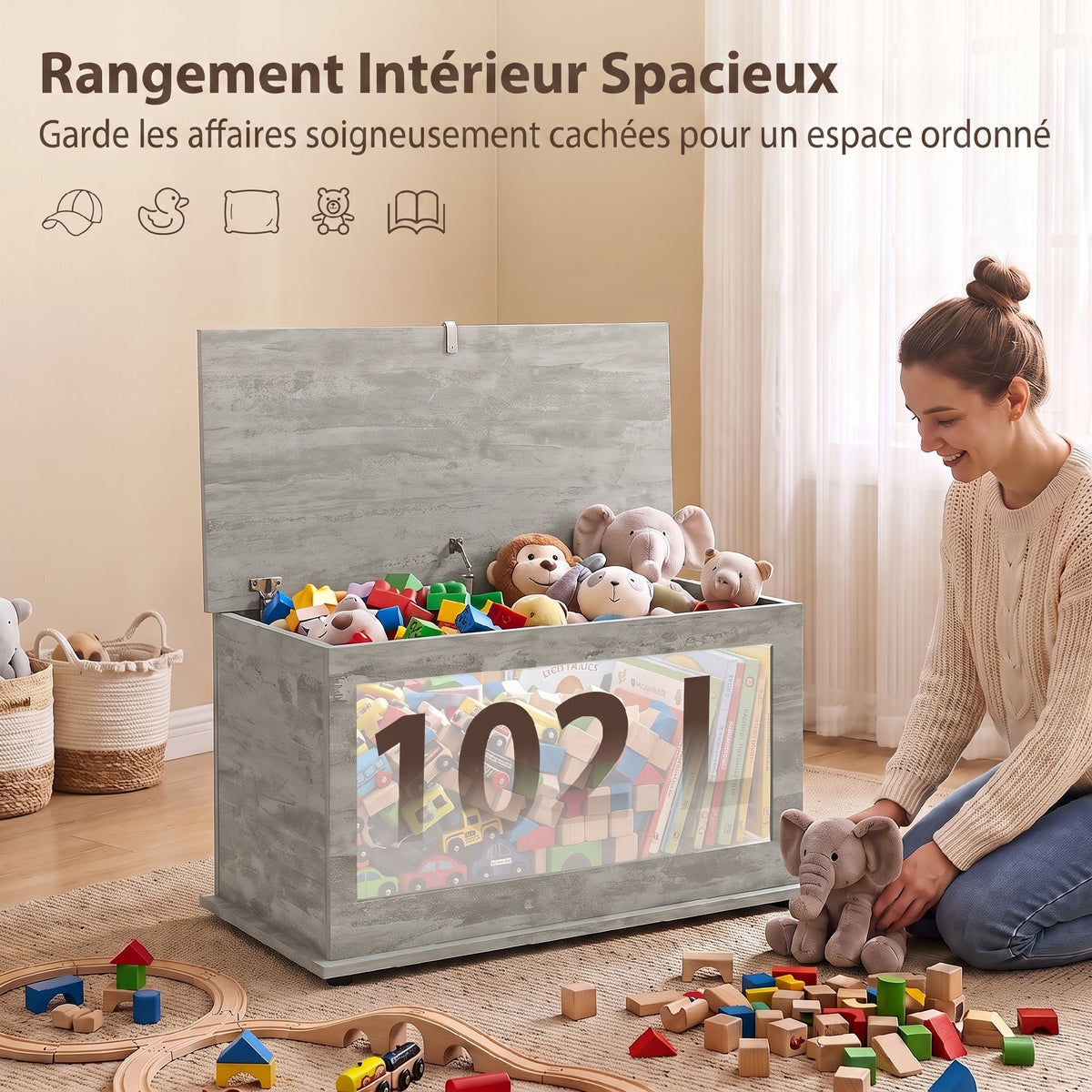 Coffre de Rangement, Banc de Rangement avec Couvercle Rabattable et Charnières de Sécurité, 80 x 40 x 45 cm, Gris-3