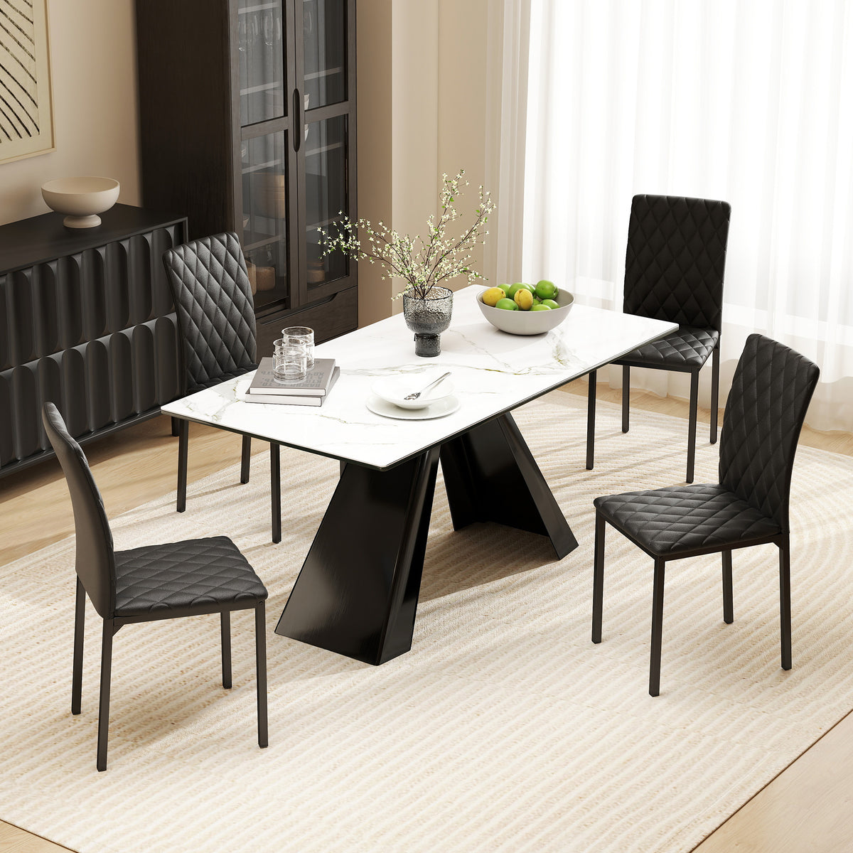 Lot de 4 chaises de salle à manger, chaises de cuisine, capitonnage rhombique et pieds en métal, 41x50x91cm, noir-1