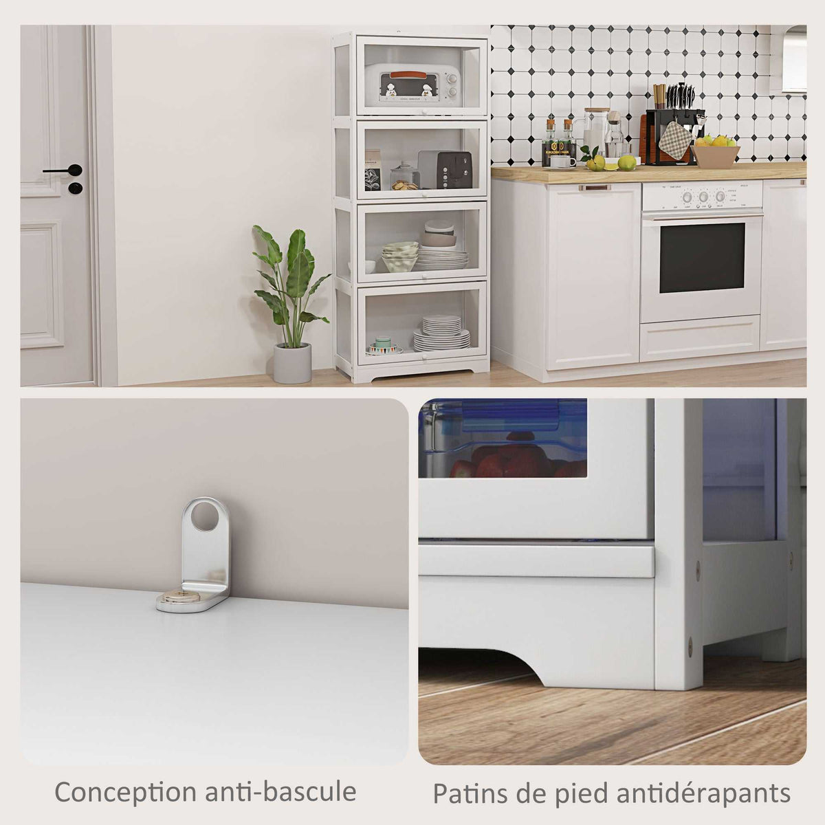 Vitrine pour collection buffet salon meuble de rangement à 4 niveaux avec portes à abattant, 59 x 30 x 139 cm, blanc-4