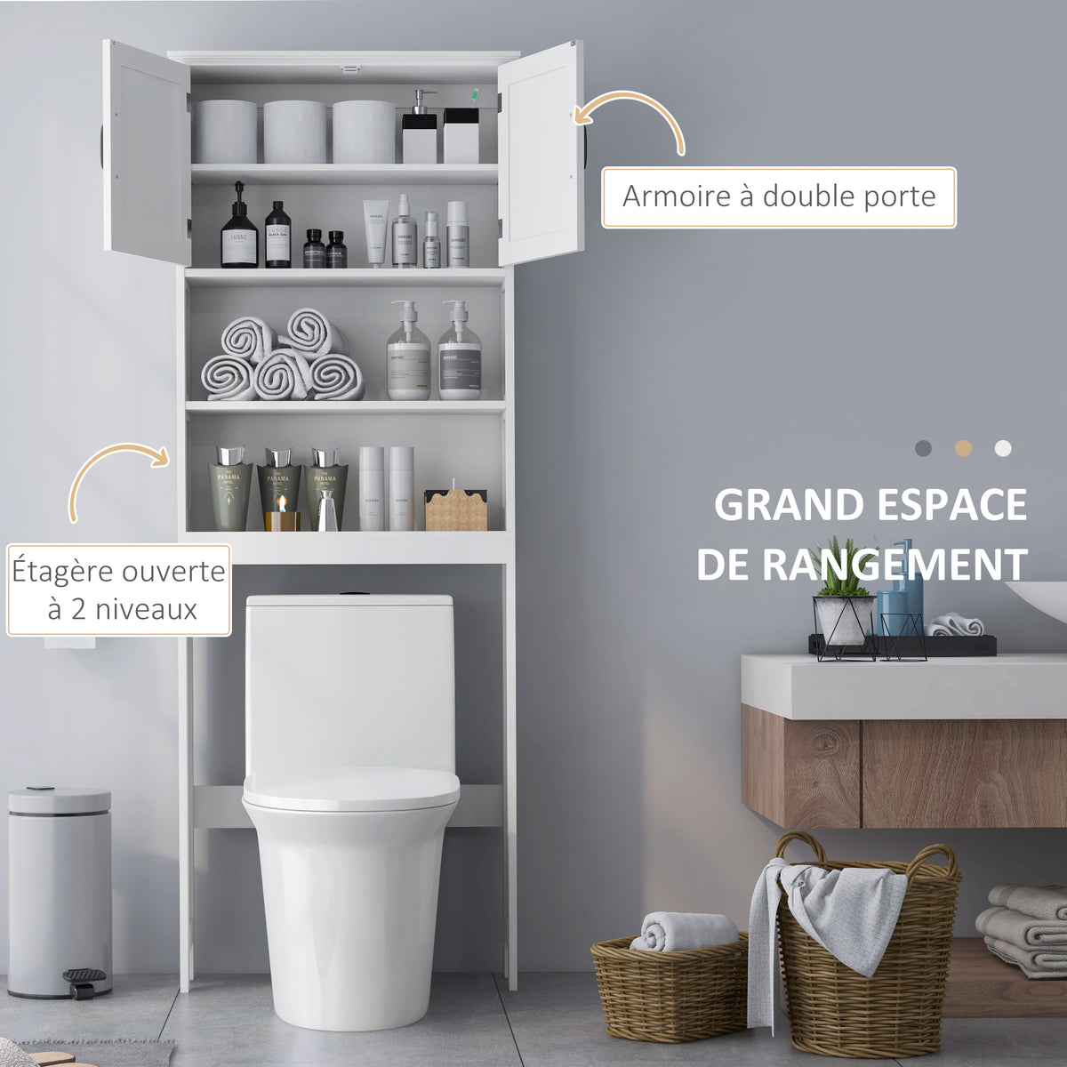 Meuble WC dessus de toilette armoire de rangement de salle de bain avec niches placard à double porte étagère réglable-3