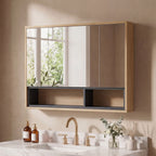 Meuble salle de bain avec miroir, armoire toilettes murale avec placards à 3 portes et 8 compartiments, chêne-1