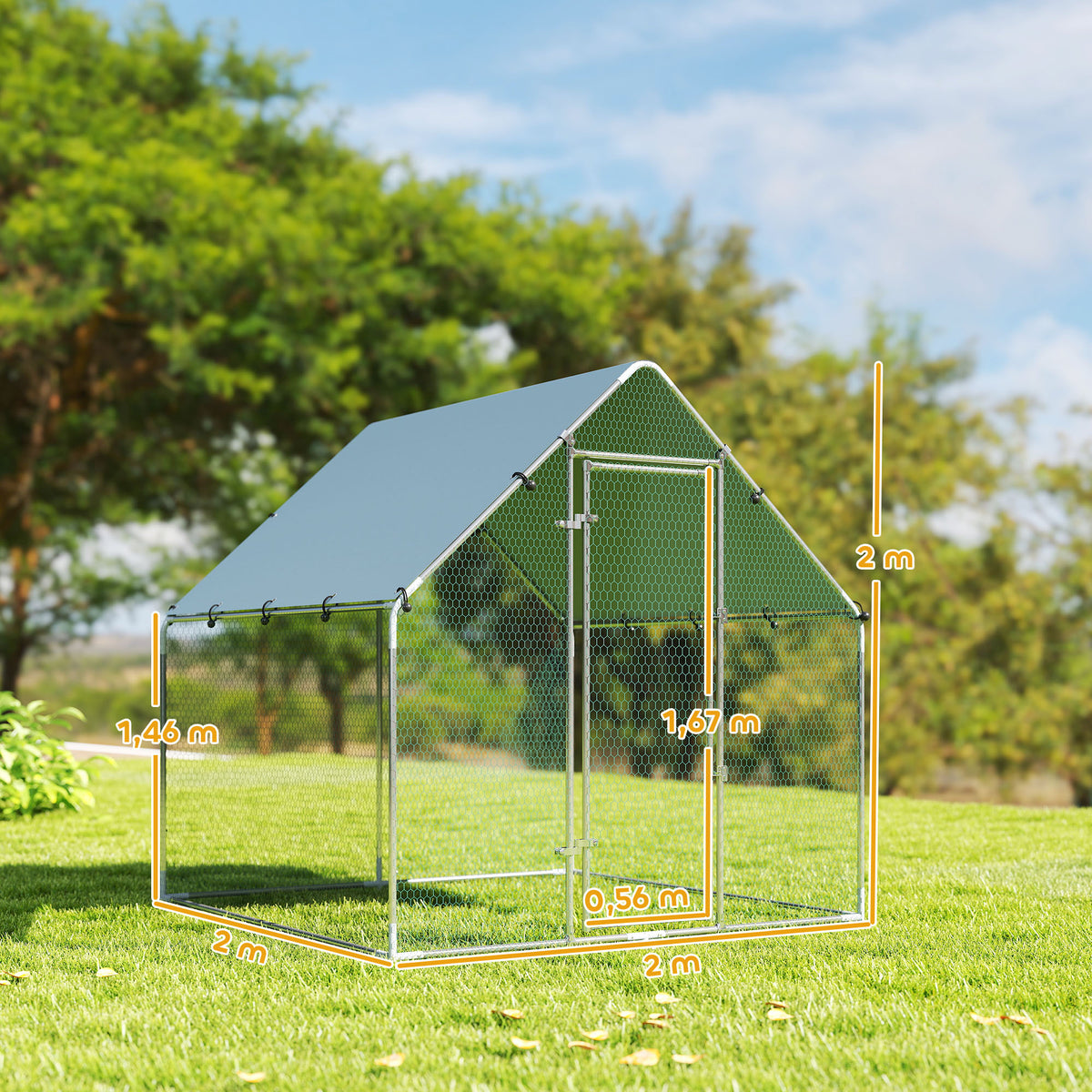 Enclos poulailler extérieur 4 m², parc grillagé - acier galvanisé Ø19mm - bâche Oxford 420D anti-UV 200x200x200cm argent-2