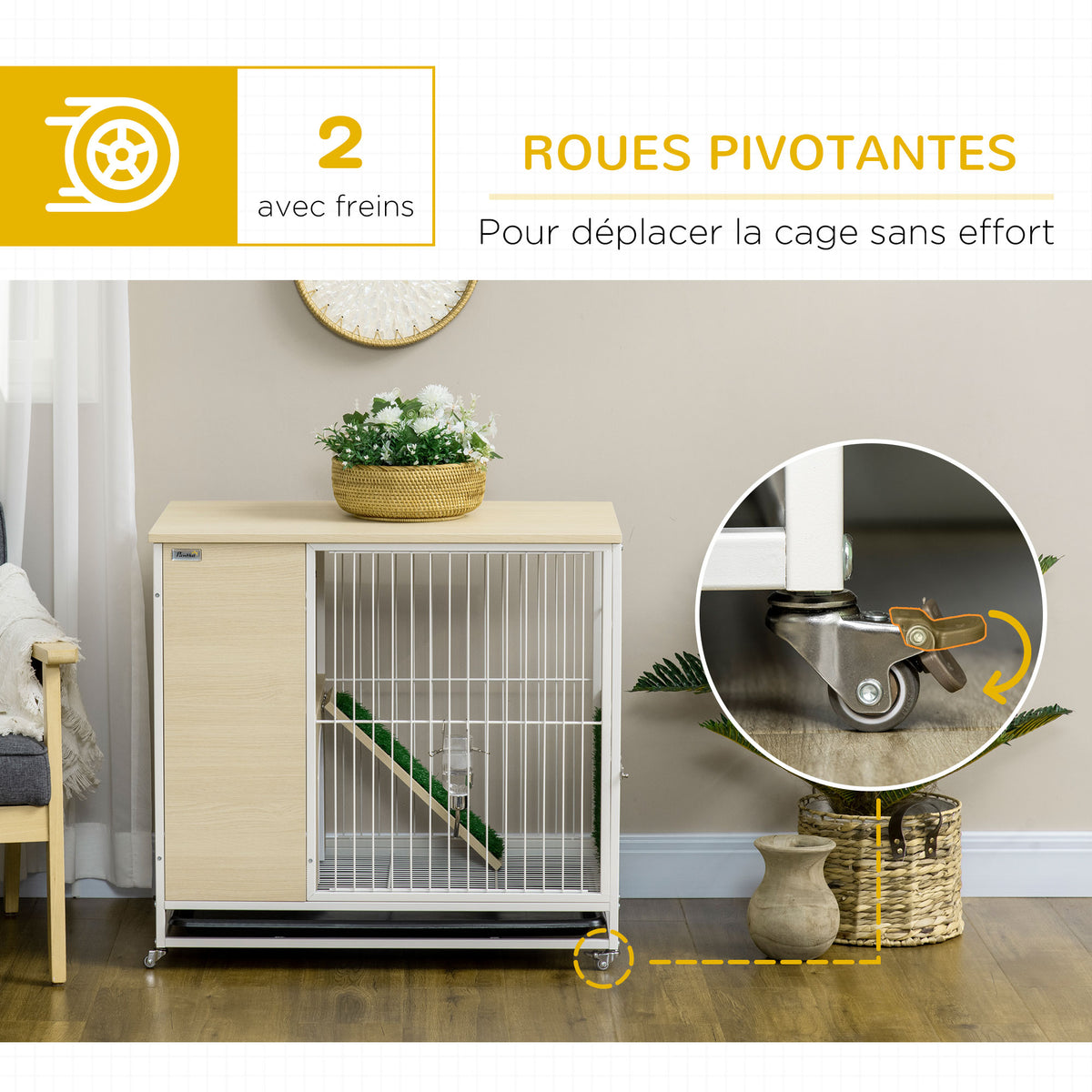 Cage à lapin clapier sur roulettes toit ouvrant plates-formes avec plateau amovible 78 x 52,5 x 76,5 cm naturel-6