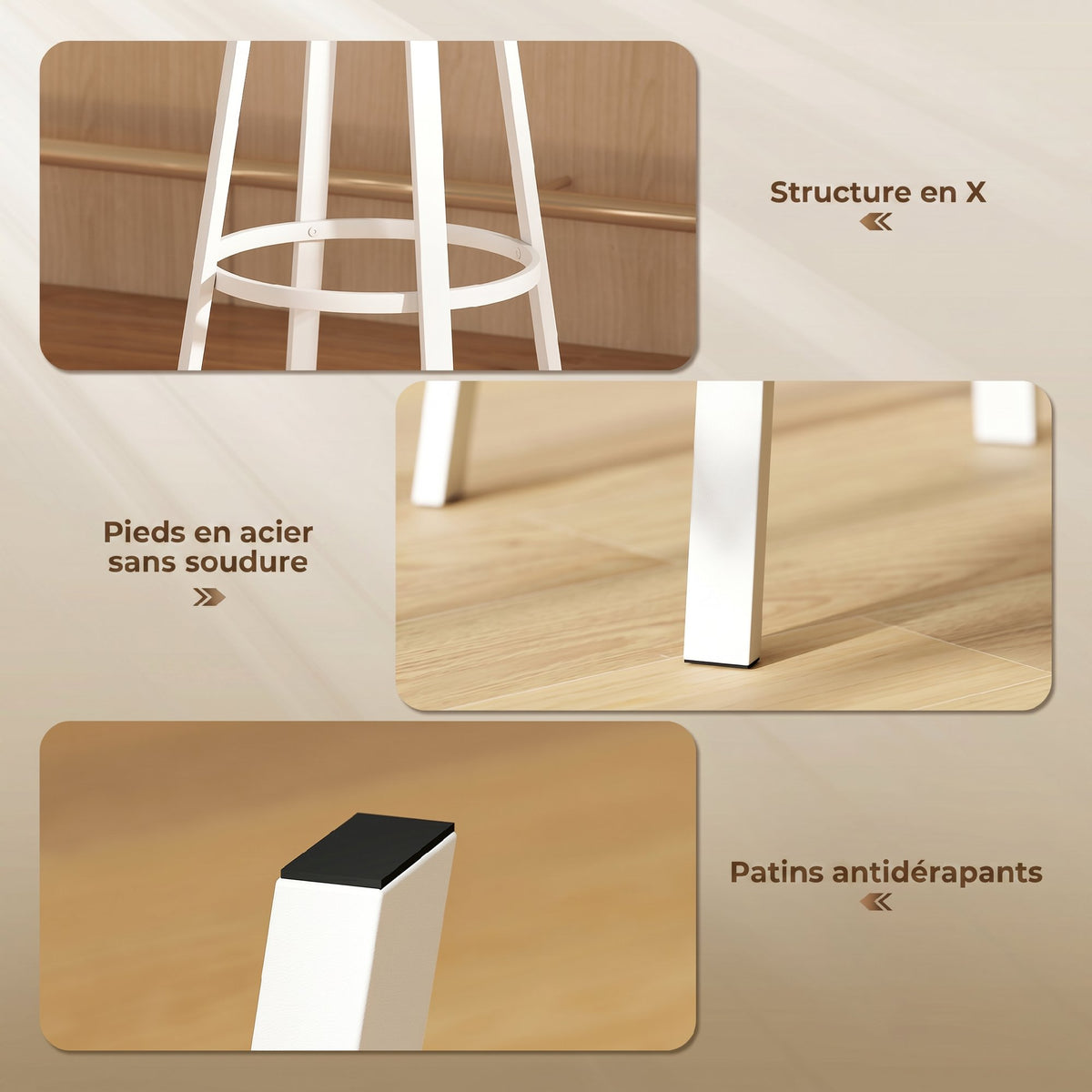 Lot de 2 tabourets de bar, chaises de bar, assise rembourrée 75,5H cm, dossier et repose-pieds, bois naturel et blanc-6
